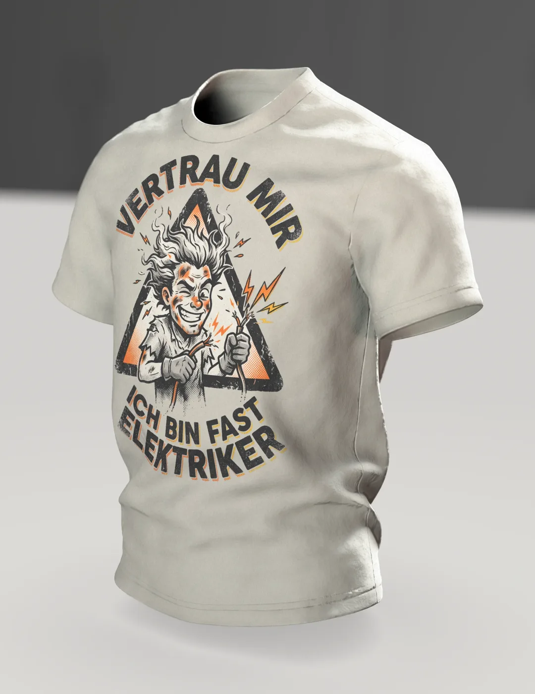 Electrician Comic T-shirt "Vertrau mir, ich bin fast Elektriker", Singed Hero in a Warning Triangle, In context, angled