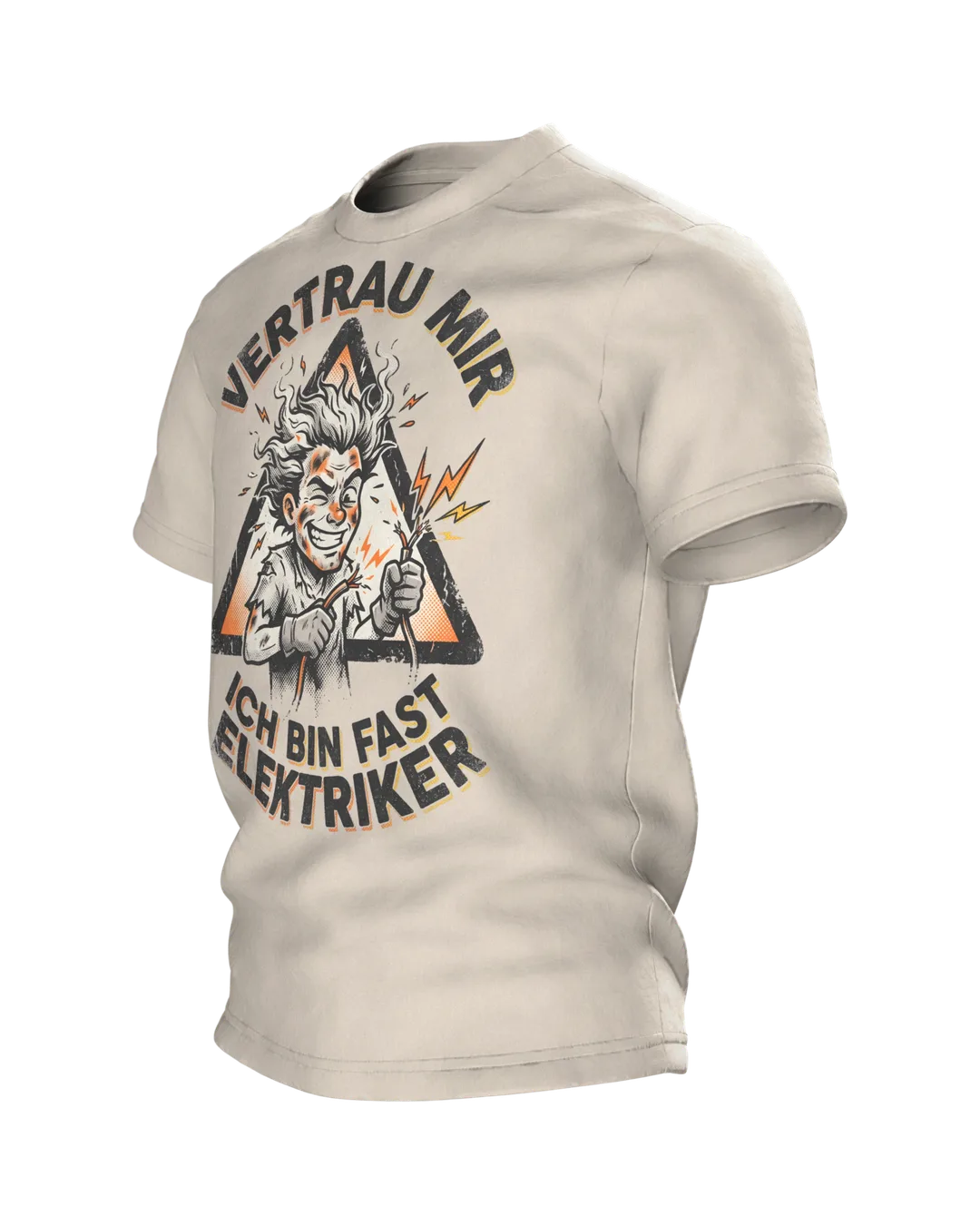 Electrician Comic T-shirt "Vertrau mir, ich bin fast Elektriker", Singed Hero in a Warning Triangle, Side view, right