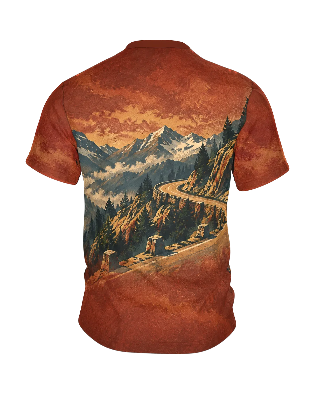 Vintage Motorrad T-Shirt: Oldtimer vor Bergpanorama, Biker in Lederjacke, Alpen-Passstraße auf dem Rücken, Retro-Poster, Rückseite