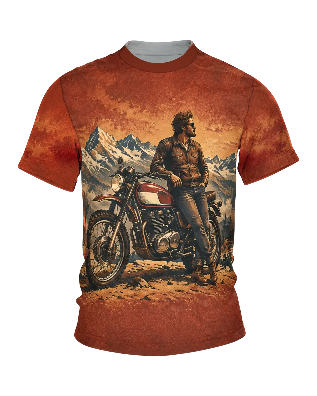 Vintage Motorcycle Shirt: Classic Bike, Mountain Panorama, Biker in Leather Jacket, Alpine Pass Road on the Back, Retro Poster