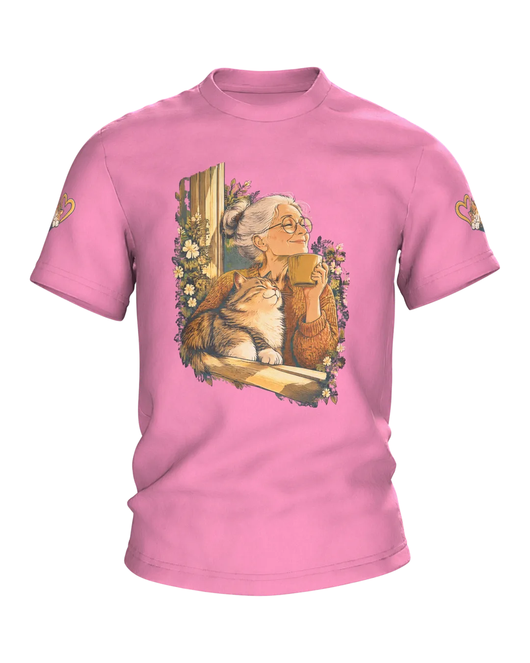 Cat Grandma Shirt: Coffee at the Window, Warm Vintage Illustration on the Front, Second Scene at a Wooden Table on the Back