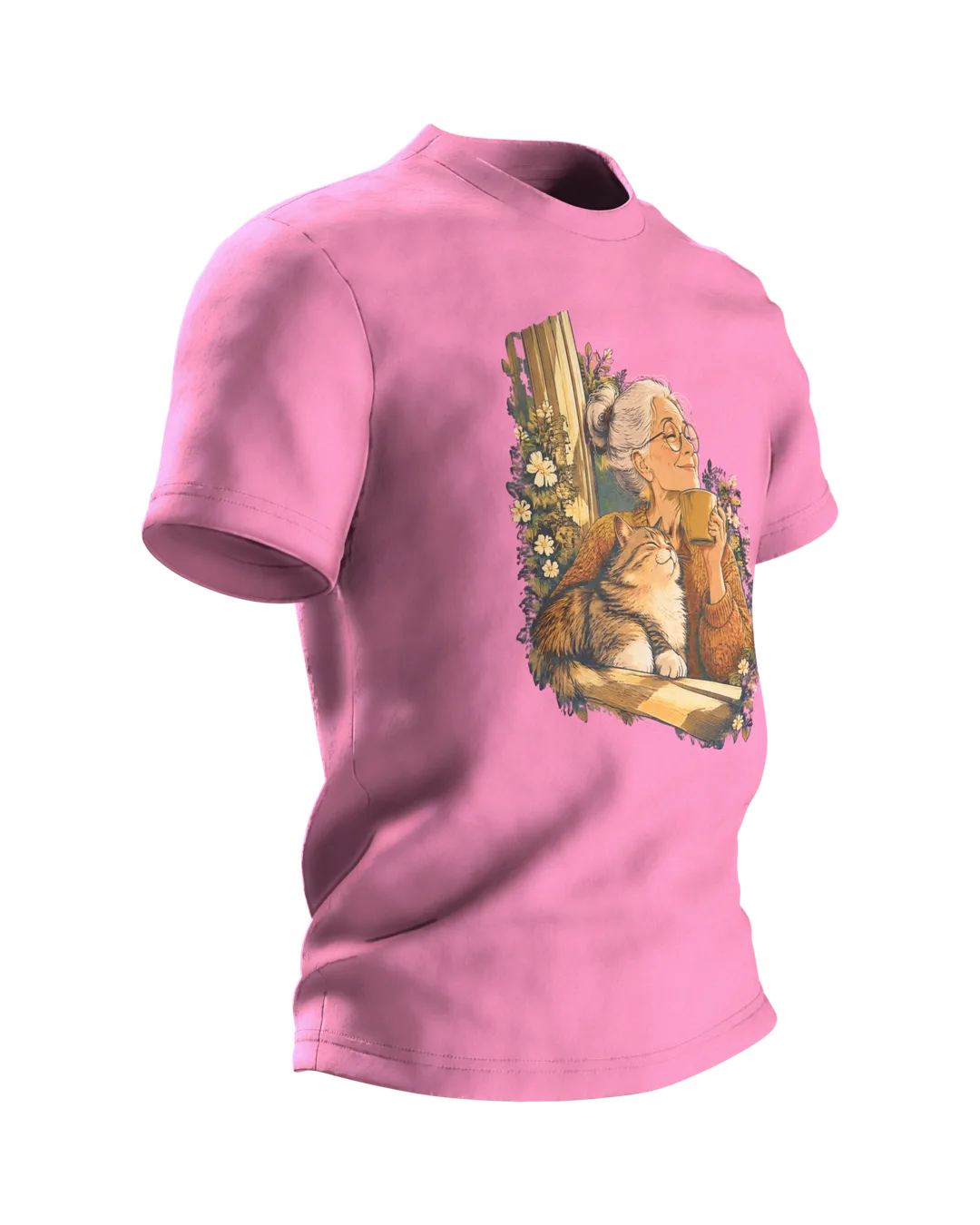 Katzen Oma T-Shirt: Kaffee am Fenster, warme Vintage-Illustration vorn und zweite Szene am Holztisch hinten, Seitenansicht links