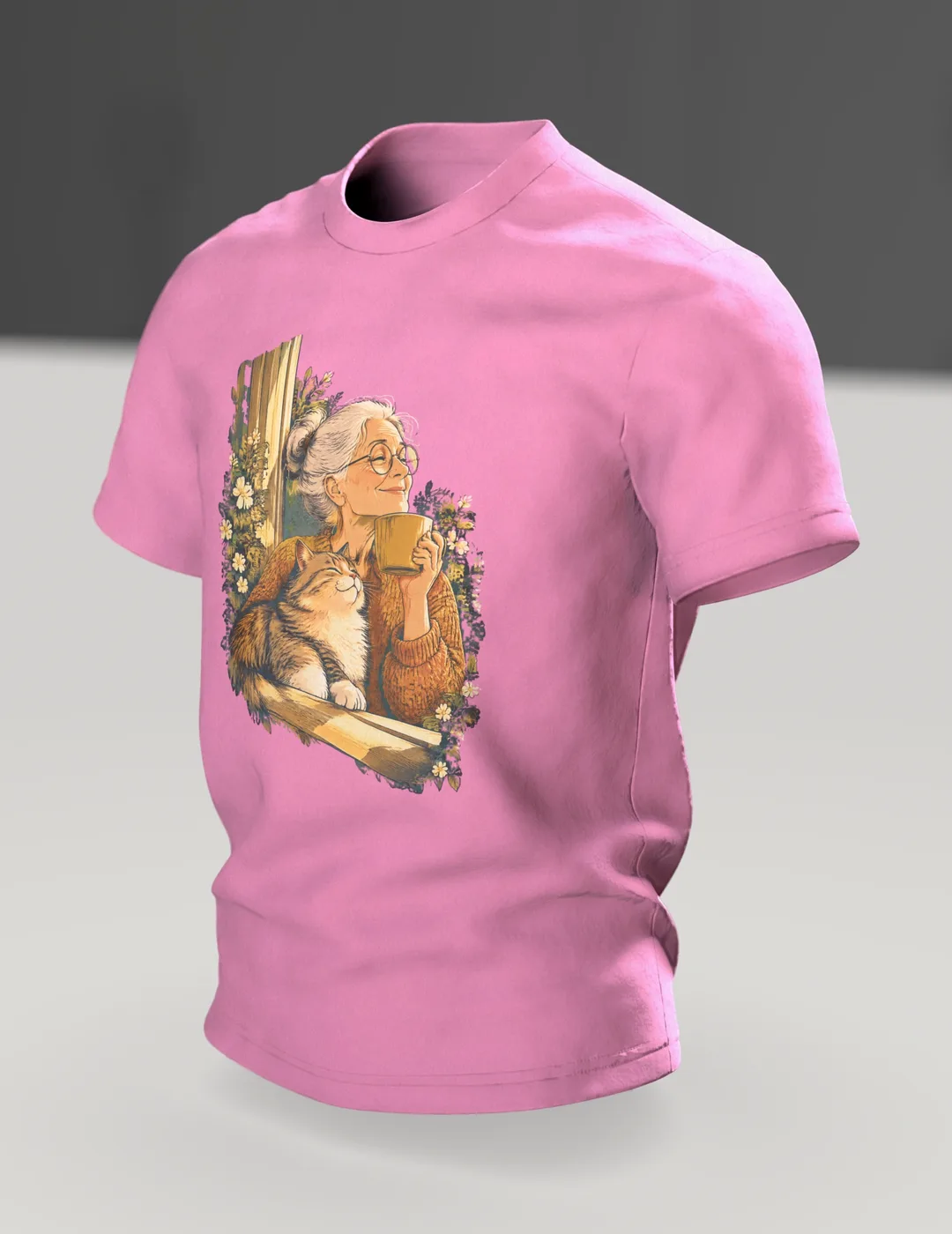 Katzen Oma T-Shirt: Kaffee am Fenster, warme Vintage-Illustration vorn und zweite Szene am Holztisch hinten, Im Raum, schräg