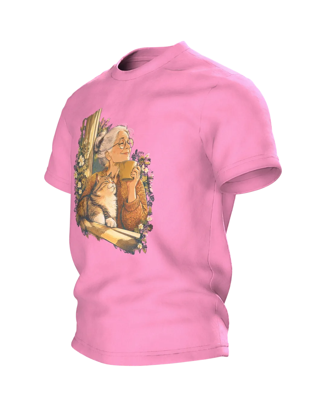 Katzen Oma T-Shirt: Kaffee am Fenster, warme Vintage-Illustration vorn und zweite Szene am Holztisch hinten, Seitenansicht rechts