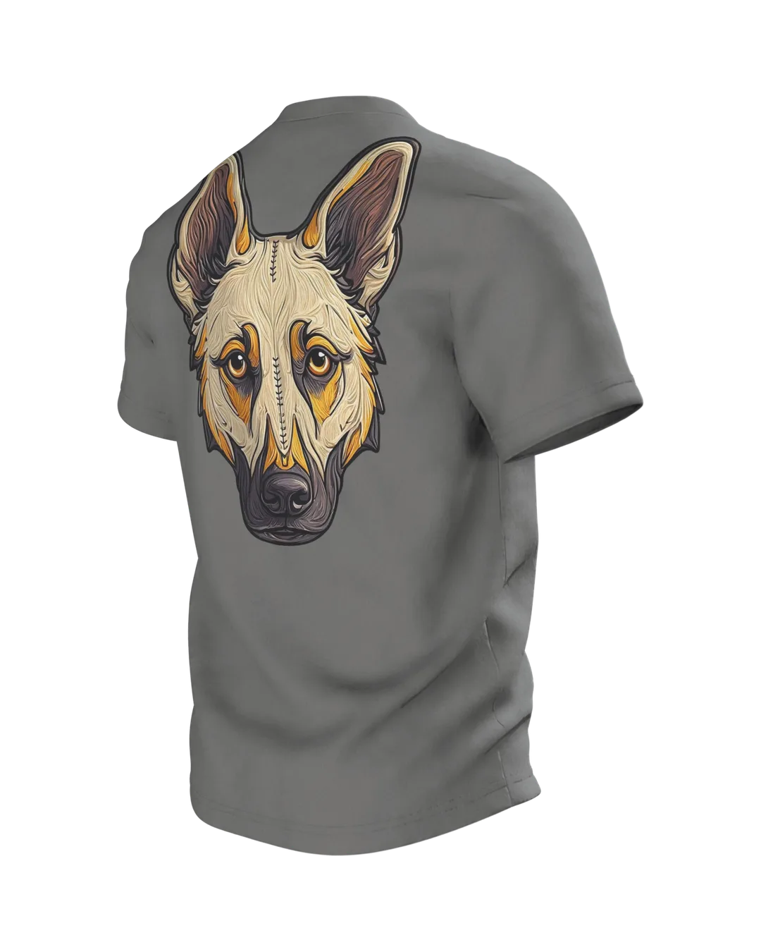 Schäferhund Wappen T-Shirt in Stickerei-Optik, Kopf im Schild vorn, Porträt mit Ziernaht am Rücken, Rückseite schräg links