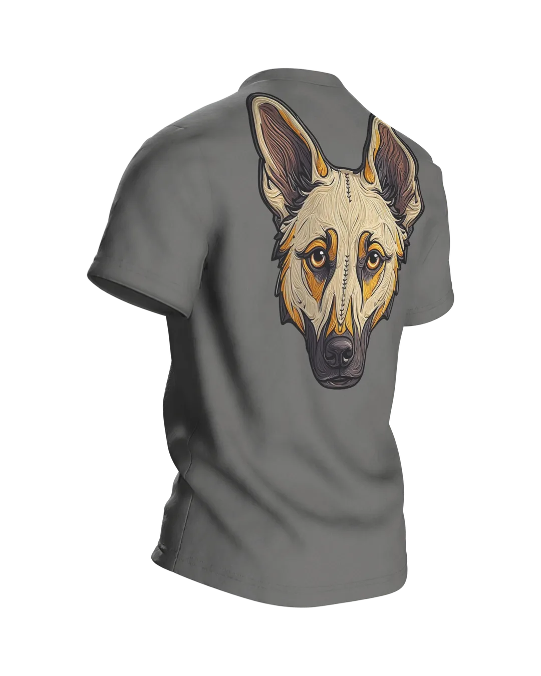 Schäferhund Wappen T-Shirt in Stickerei-Optik, Kopf im Schild vorn, Porträt mit Ziernaht am Rücken, Rückseite schräg rechts