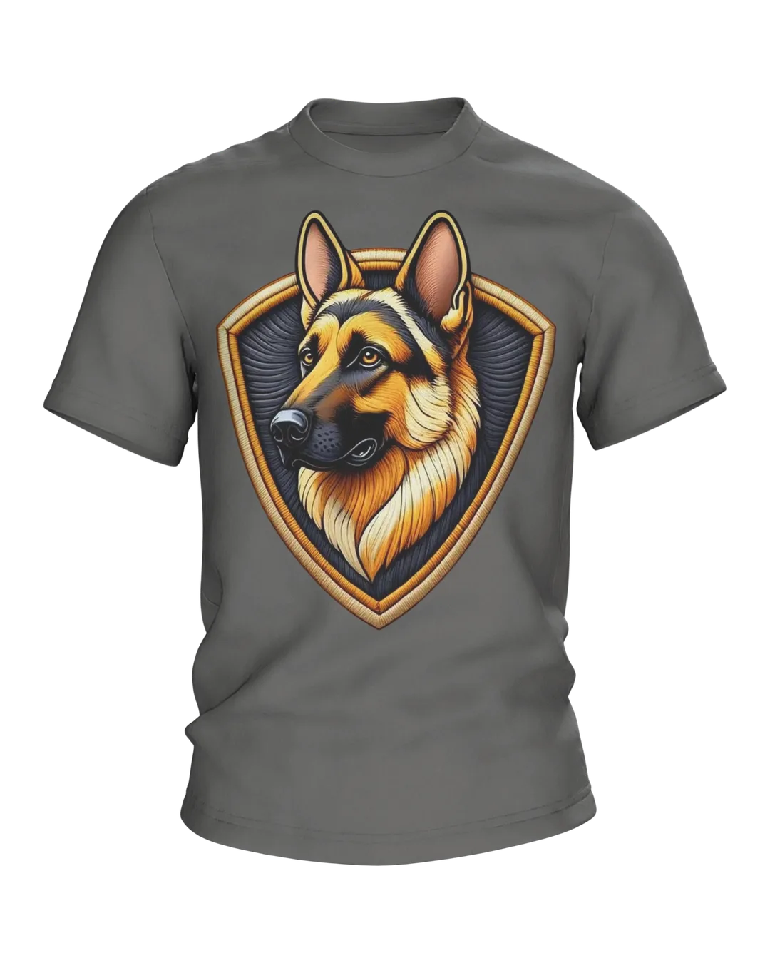 German Shepherd Crest T-shirt in Embroidery Look, Head in the Shield on the Front, Portrait with Decorative Seam on the Back