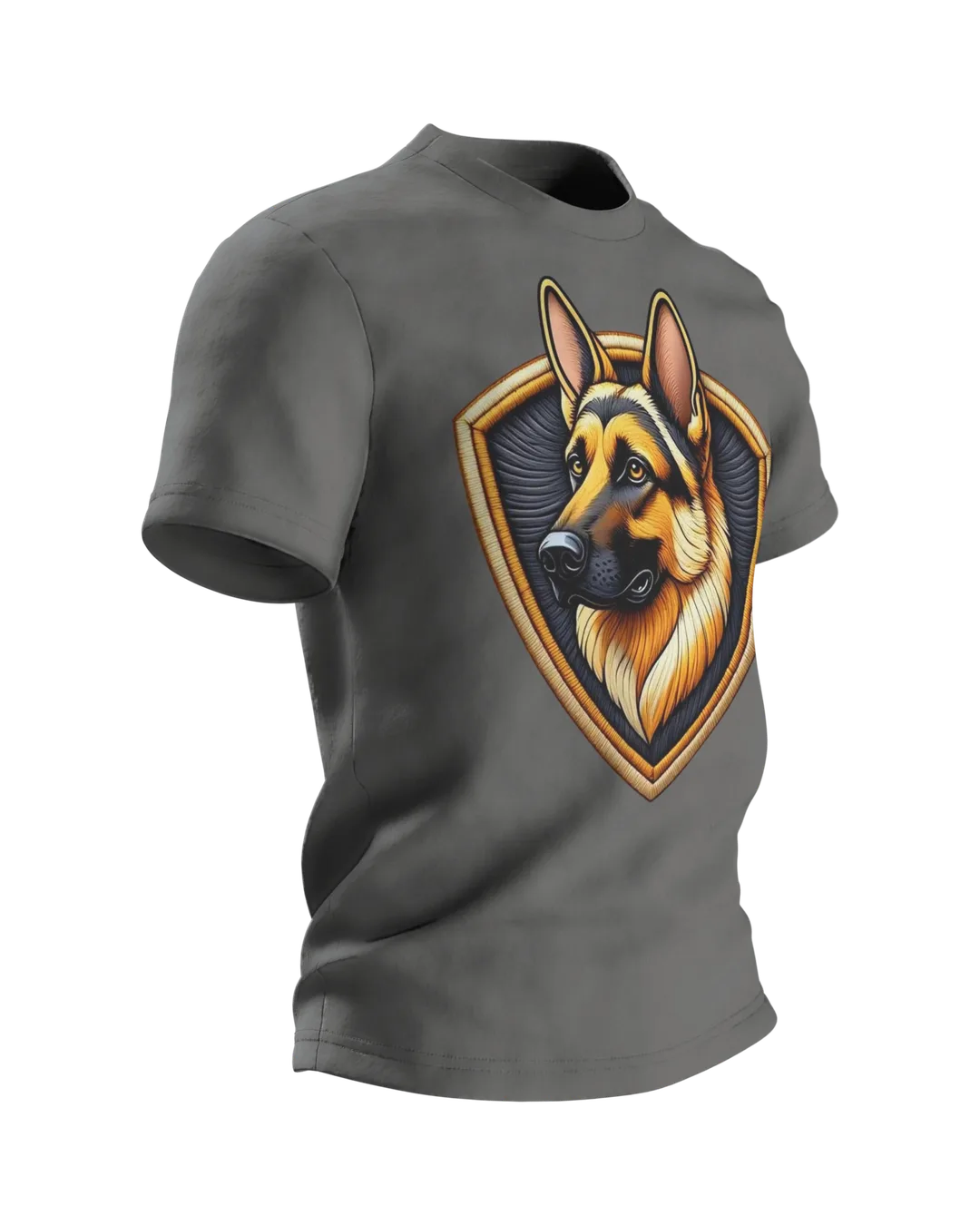 Schäferhund Wappen T-Shirt in Stickerei-Optik, Kopf im Schild vorn, Porträt mit Ziernaht am Rücken, Seitenansicht links
