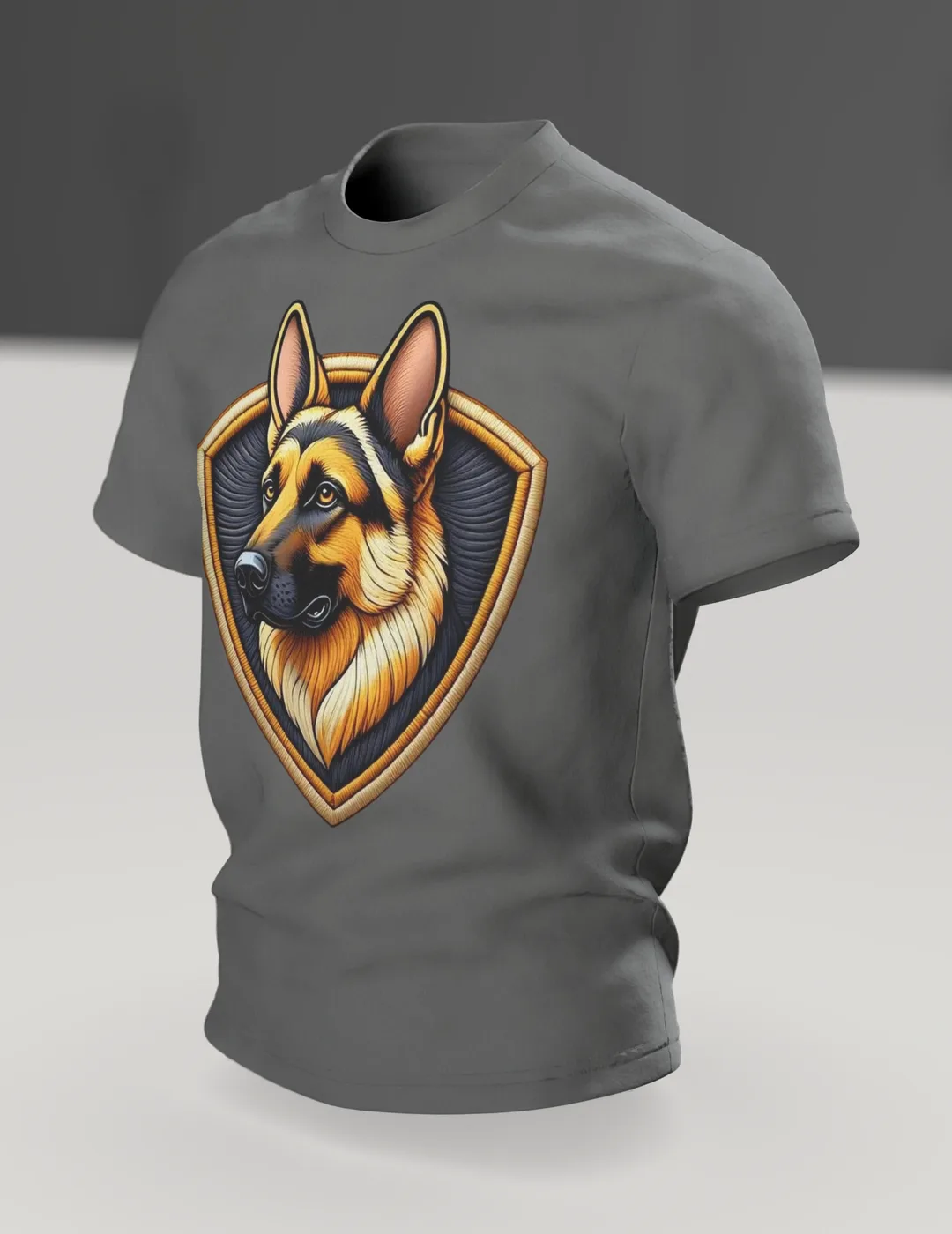 Schäferhund Wappen T-Shirt in Stickerei-Optik, Kopf im Schild vorn, Porträt mit Ziernaht am Rücken, Im Raum, schräg