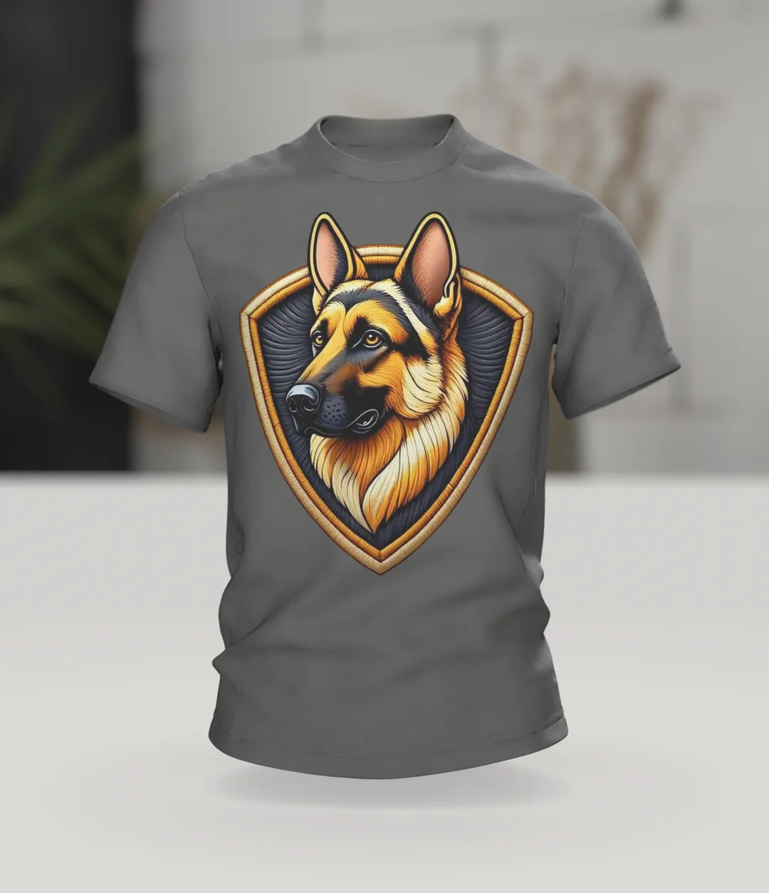 Schäferhund Wappen T-Shirt in Stickerei-Optik, Kopf im Schild vorn, Porträt mit Ziernaht am Rücken, Im Raum