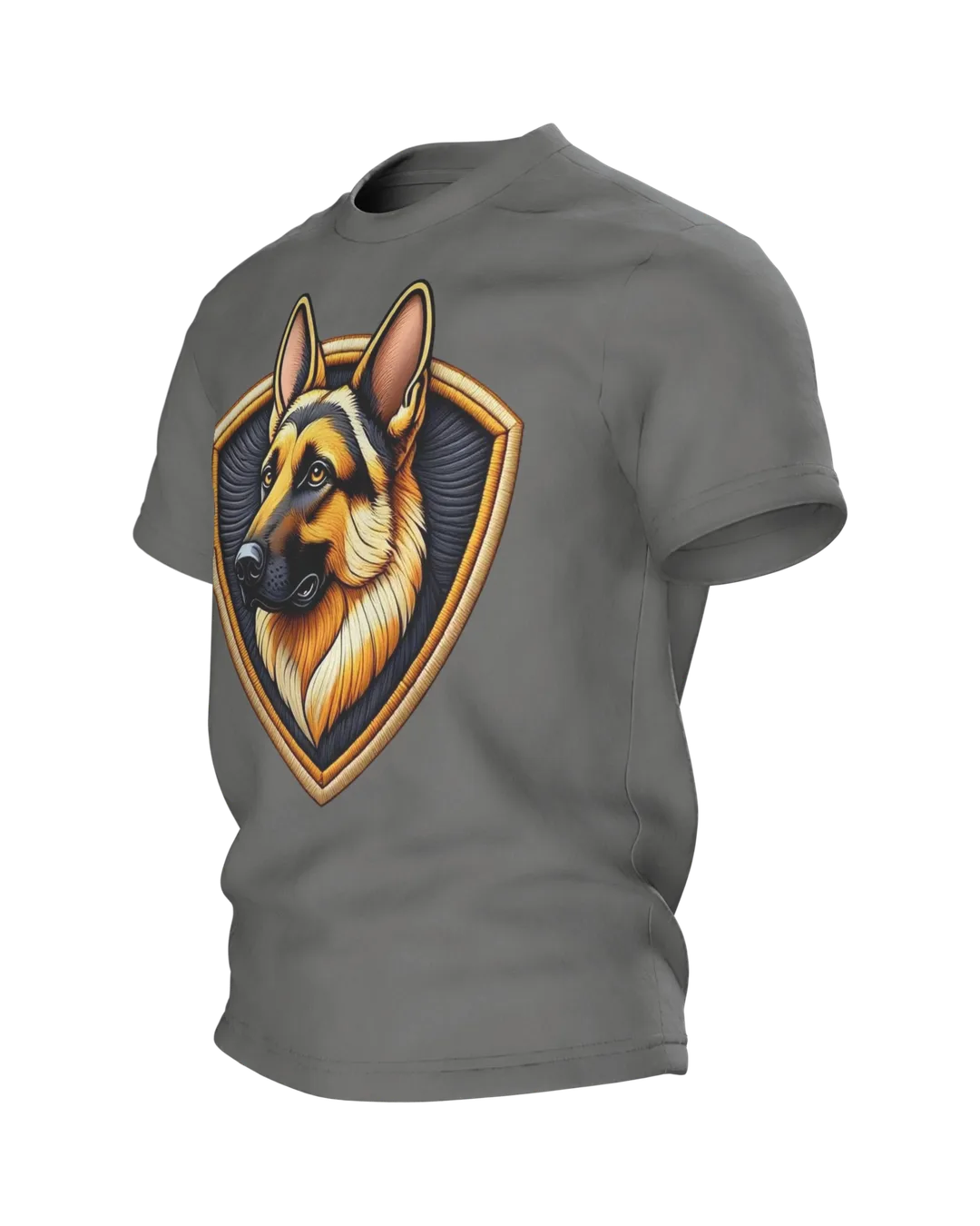 Schäferhund Wappen T-Shirt in Stickerei-Optik, Kopf im Schild vorn, Porträt mit Ziernaht am Rücken, Seitenansicht rechts