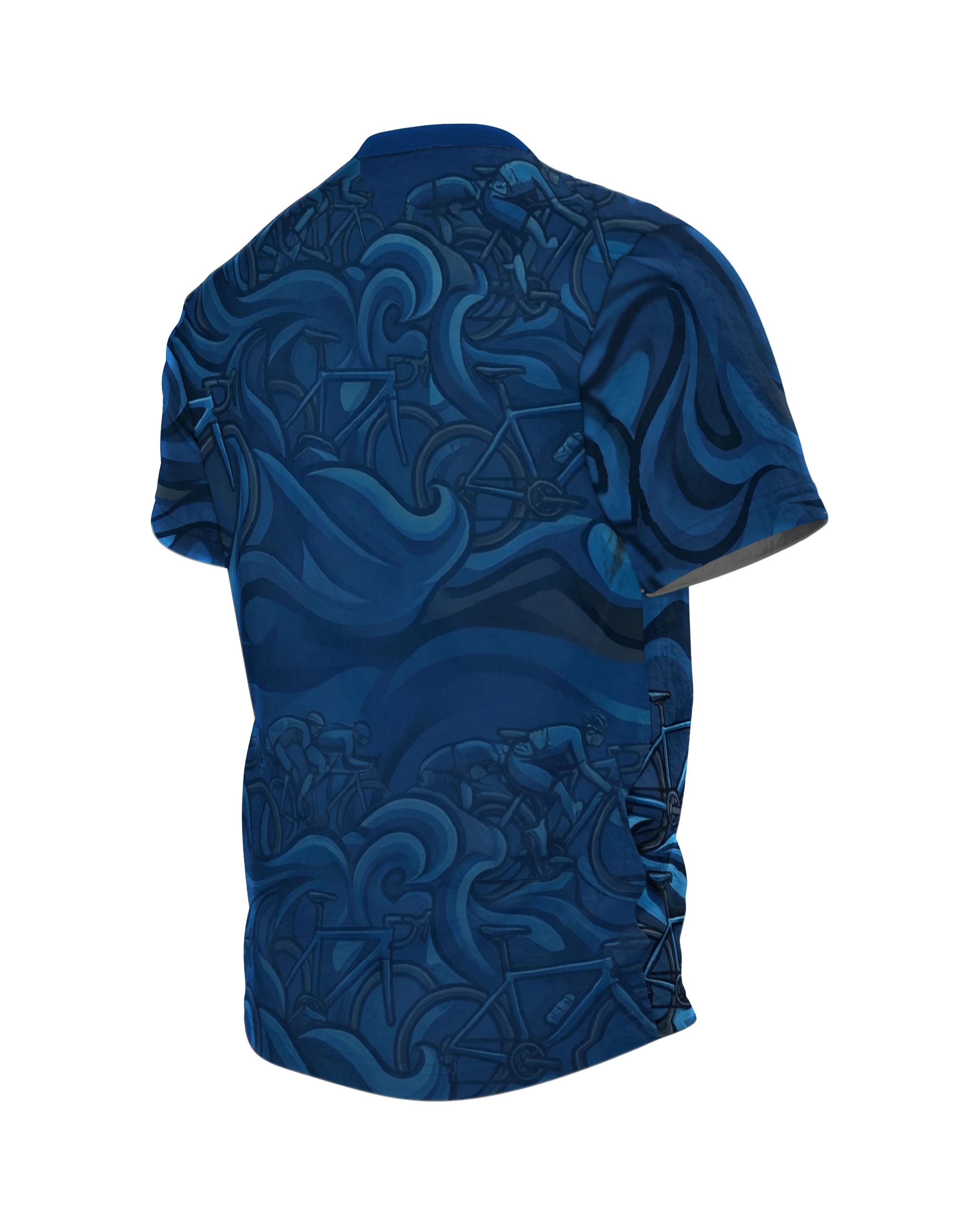 Rennrad Peloton T-Shirt: Blaue Dynamik, Rückseite schräg links