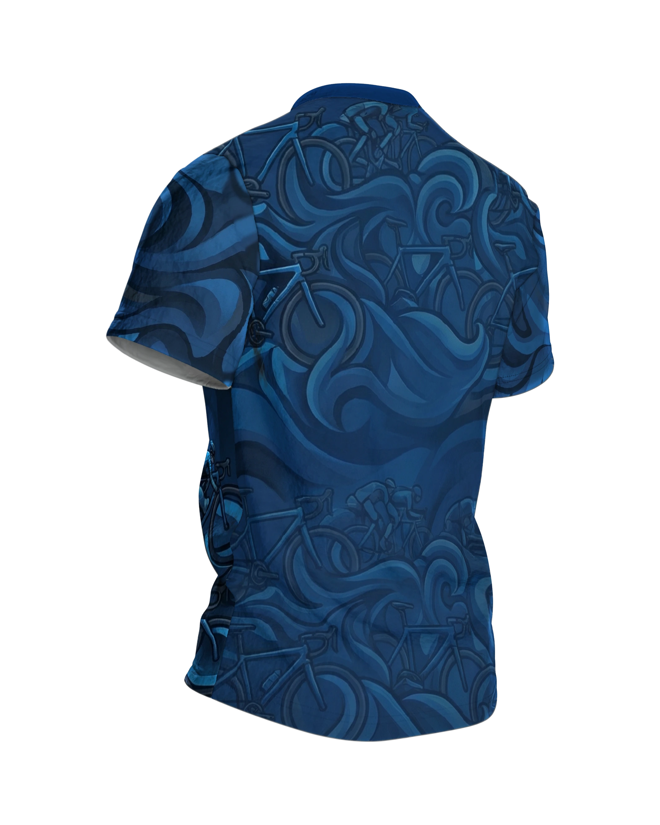Rennrad Peloton T-Shirt: Blaue Dynamik, Rückseite schräg rechts