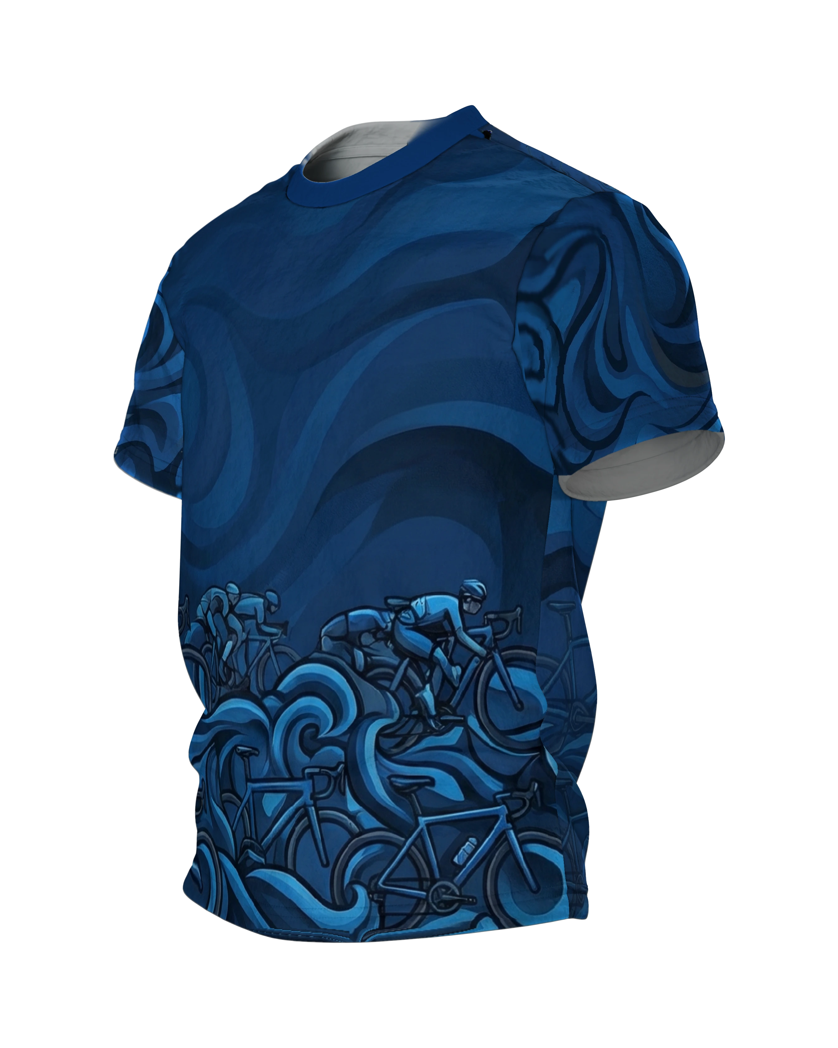 Rennrad Peloton T-Shirt: Blaue Dynamik, Seitenansicht rechts