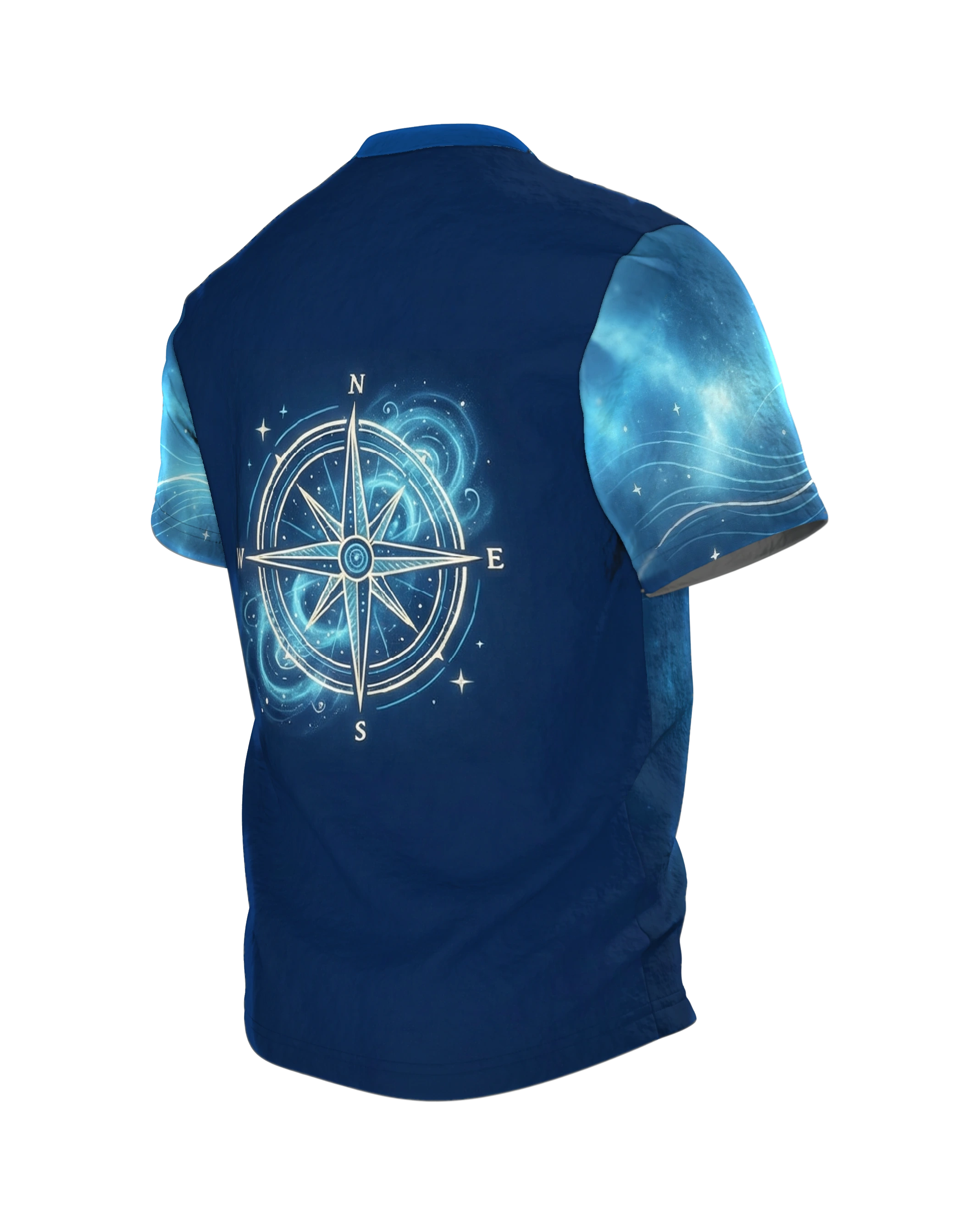 Neon Rennrad T-Shirt, Vorderrad als Astrolabium mit Sternen, Kompassrose am Rücken auf Marineblau, Rückseite schräg links