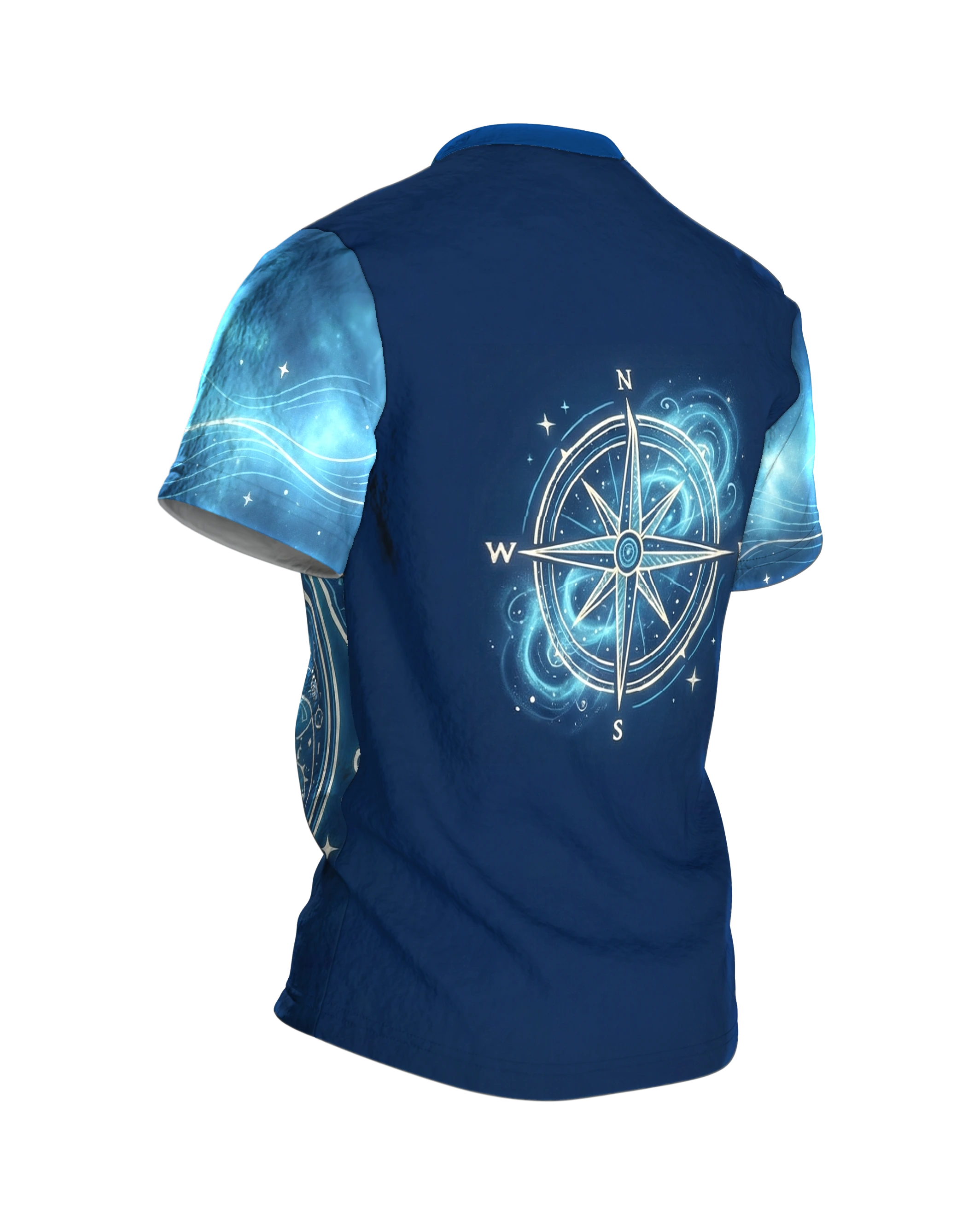 Neon Rennrad T-Shirt, Vorderrad als Astrolabium mit Sternen, Kompassrose am Rücken auf Marineblau, Rückseite schräg rechts