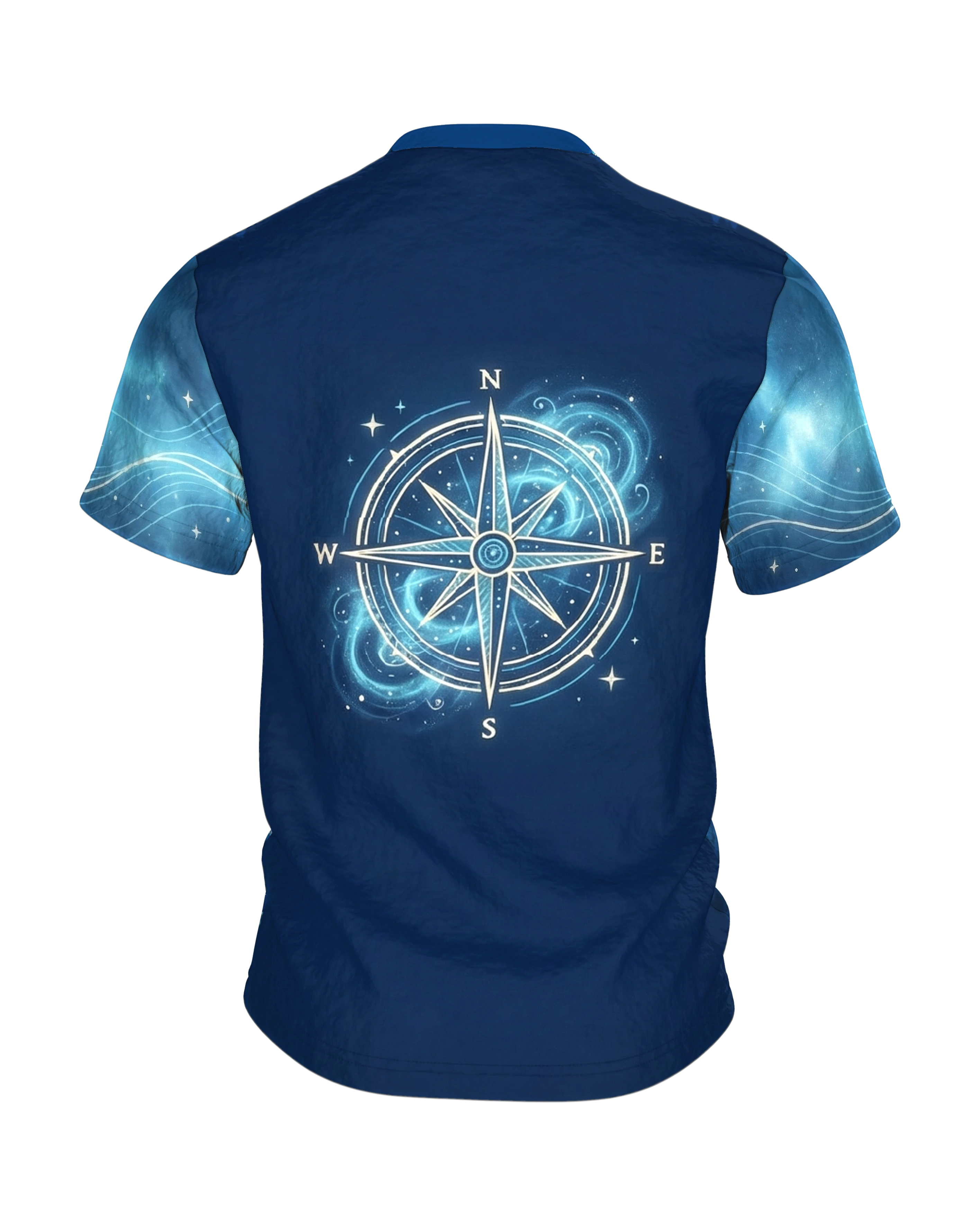 Neon Rennrad T-Shirt, Vorderrad als Astrolabium mit Sternen, Kompassrose am Rücken auf Marineblau, Rückseite