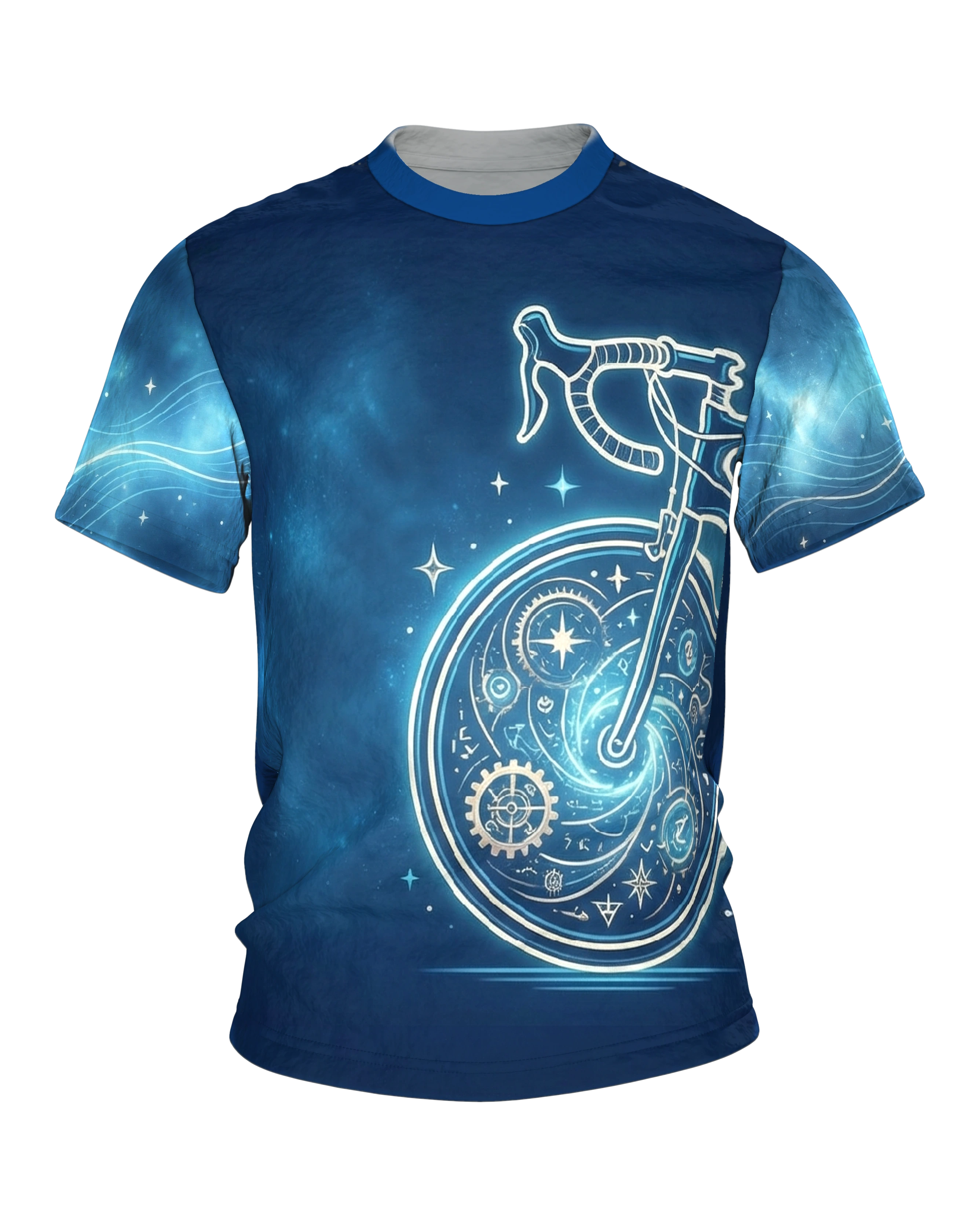 Neon Rennrad T-Shirt, Vorderrad als Astrolabium mit Sternen, Kompassrose am Rücken auf Marineblau