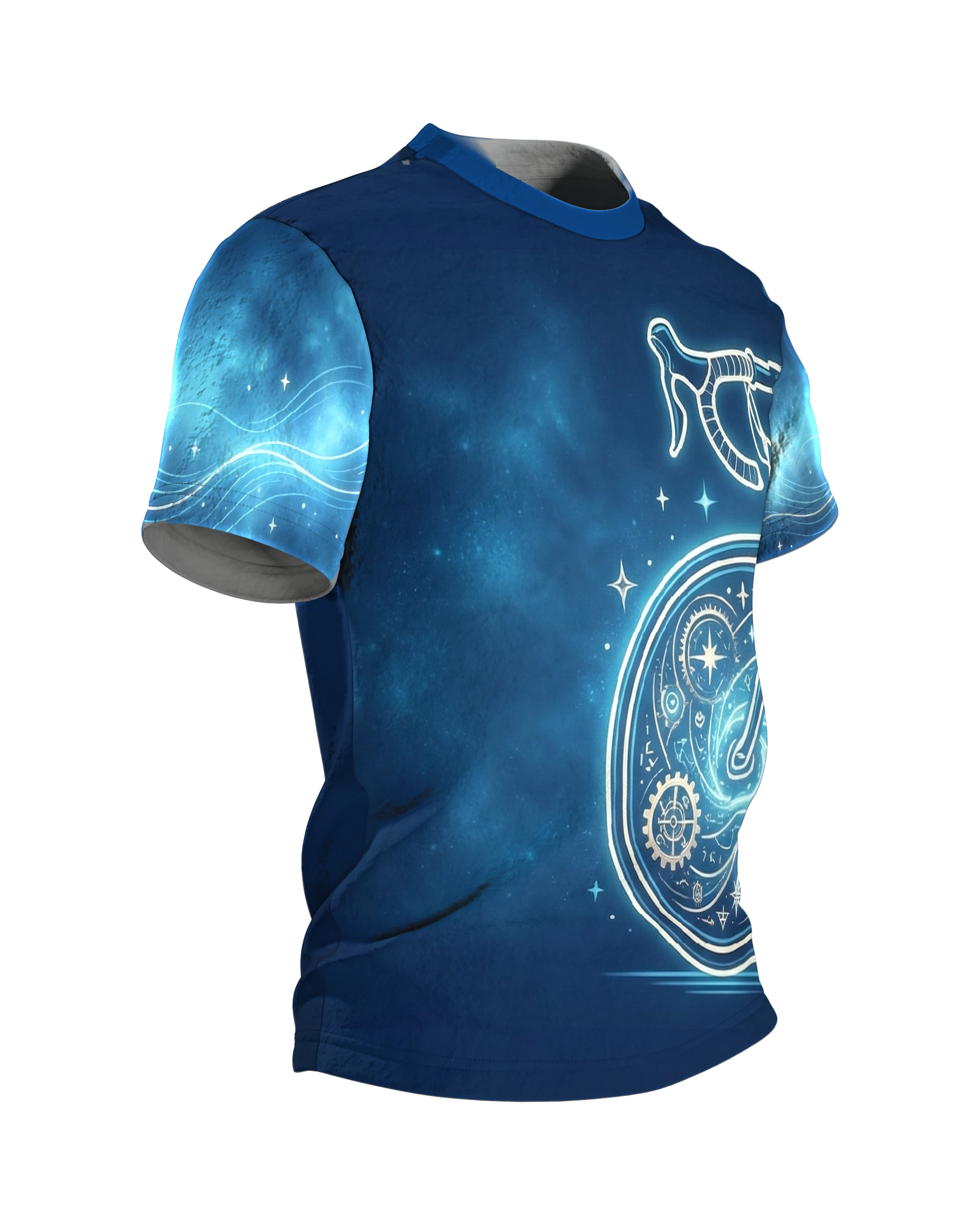 Neon Rennrad T-Shirt, Vorderrad als Astrolabium mit Sternen, Kompassrose am Rücken auf Marineblau, Seitenansicht links