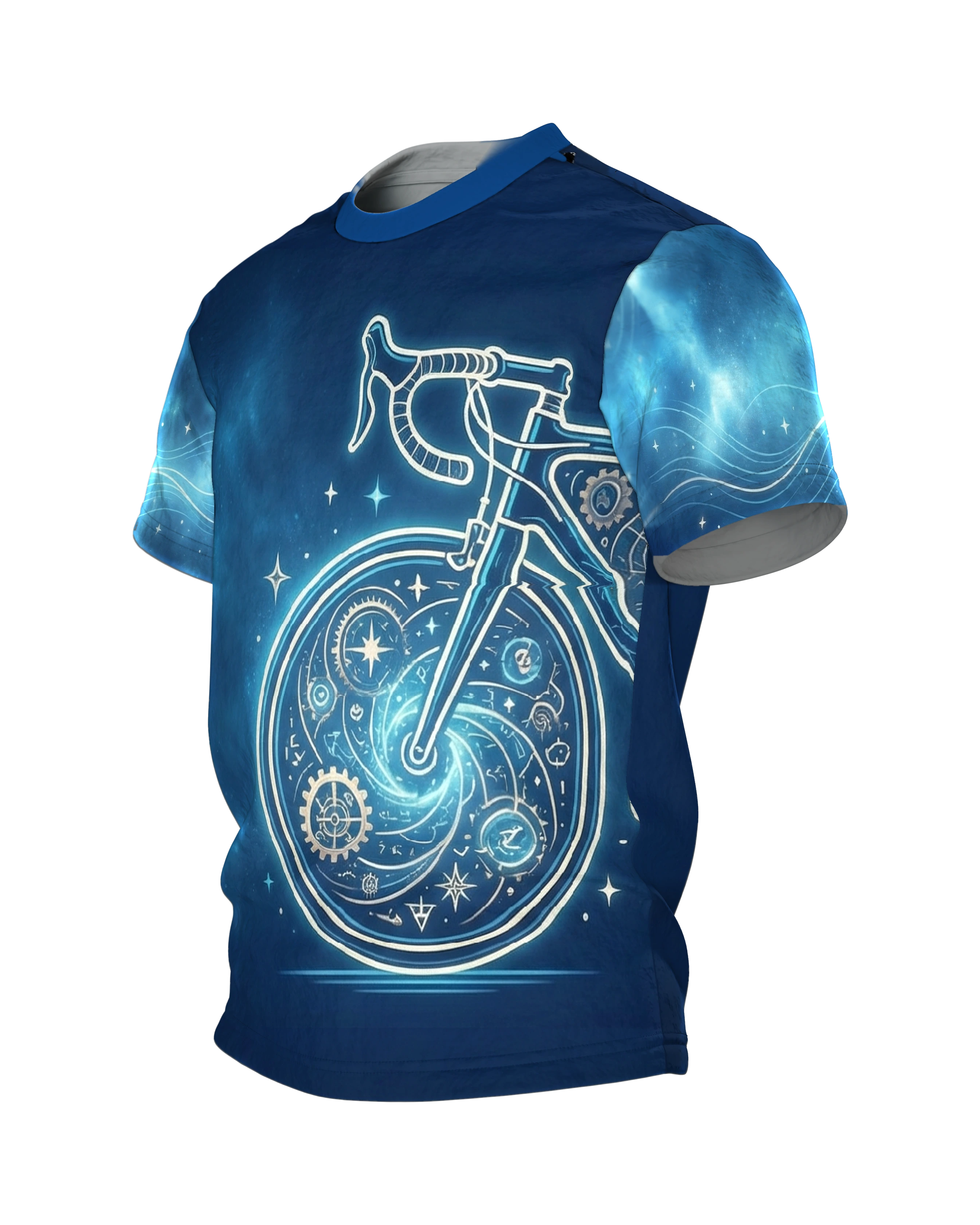 Neon Rennrad T-Shirt, Vorderrad als Astrolabium mit Sternen, Kompassrose am Rücken auf Marineblau, Seitenansicht rechts