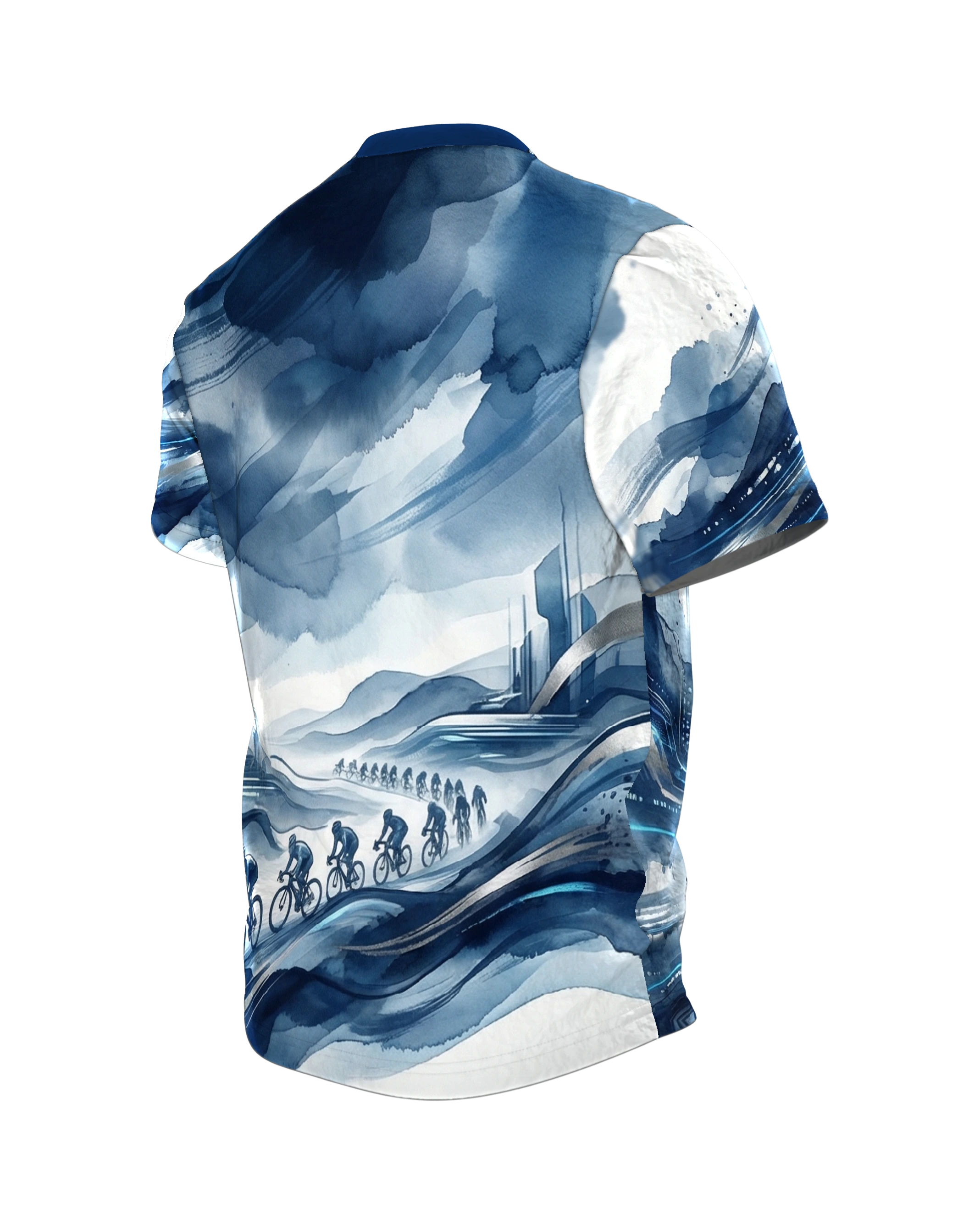 Futurismus Peloton T-Shirt: Rennrad-Feld im Aquarell-Sturm, Rückseite schräg links