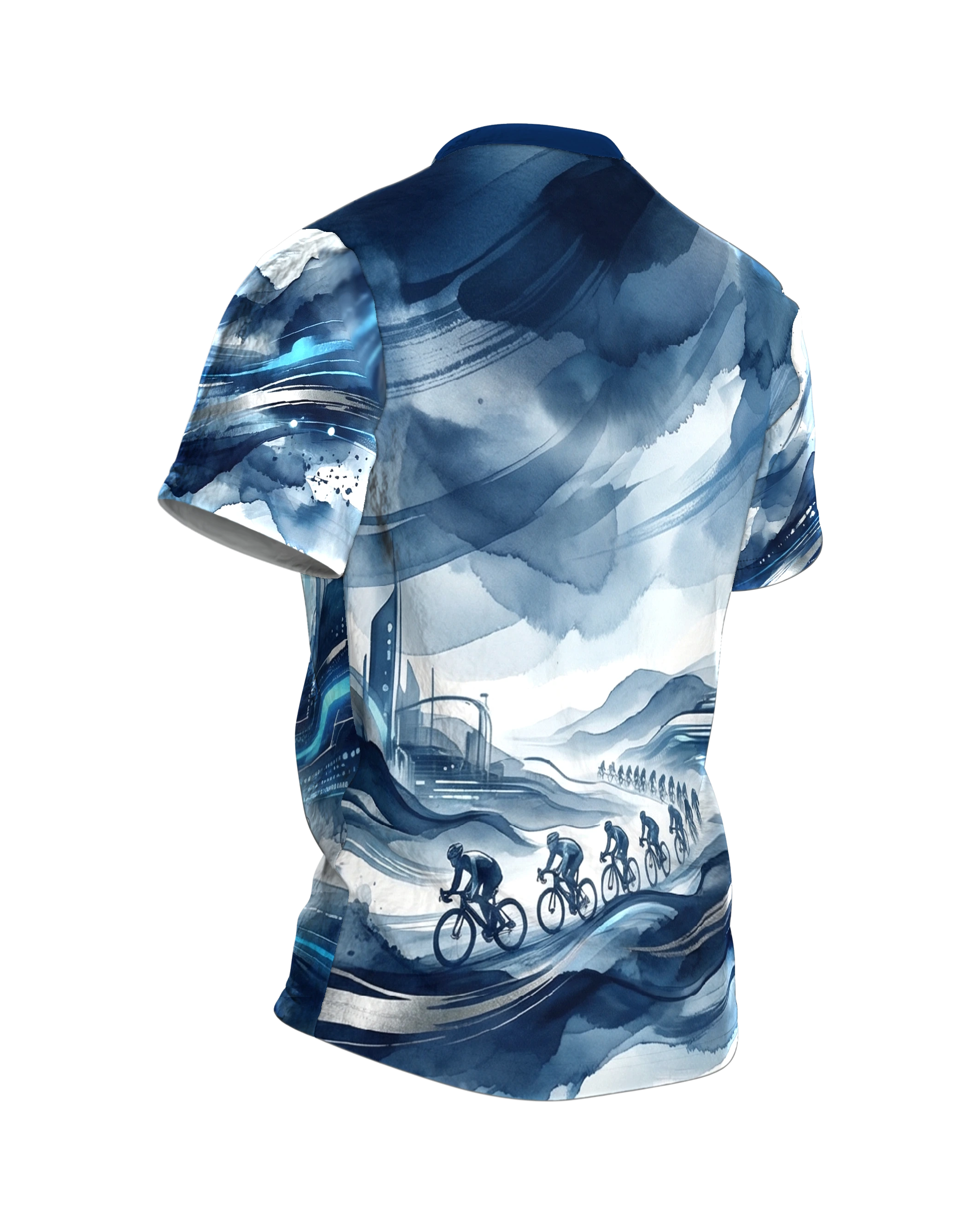 Futurismus Peloton T-Shirt: Rennrad-Feld im Aquarell-Sturm, Rückseite schräg rechts