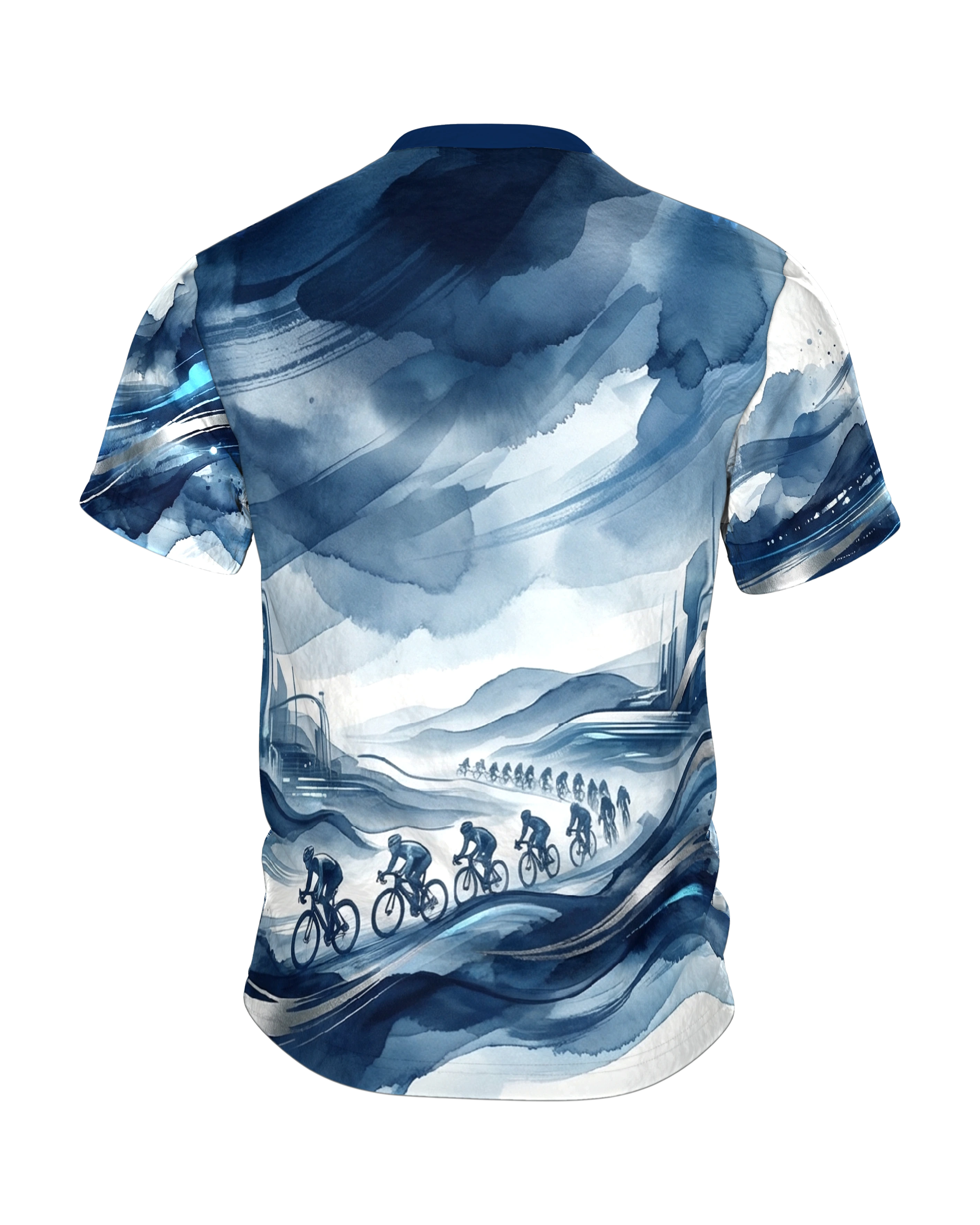 Futurismus Peloton T-Shirt: Rennrad-Feld im Aquarell-Sturm, Rückseite