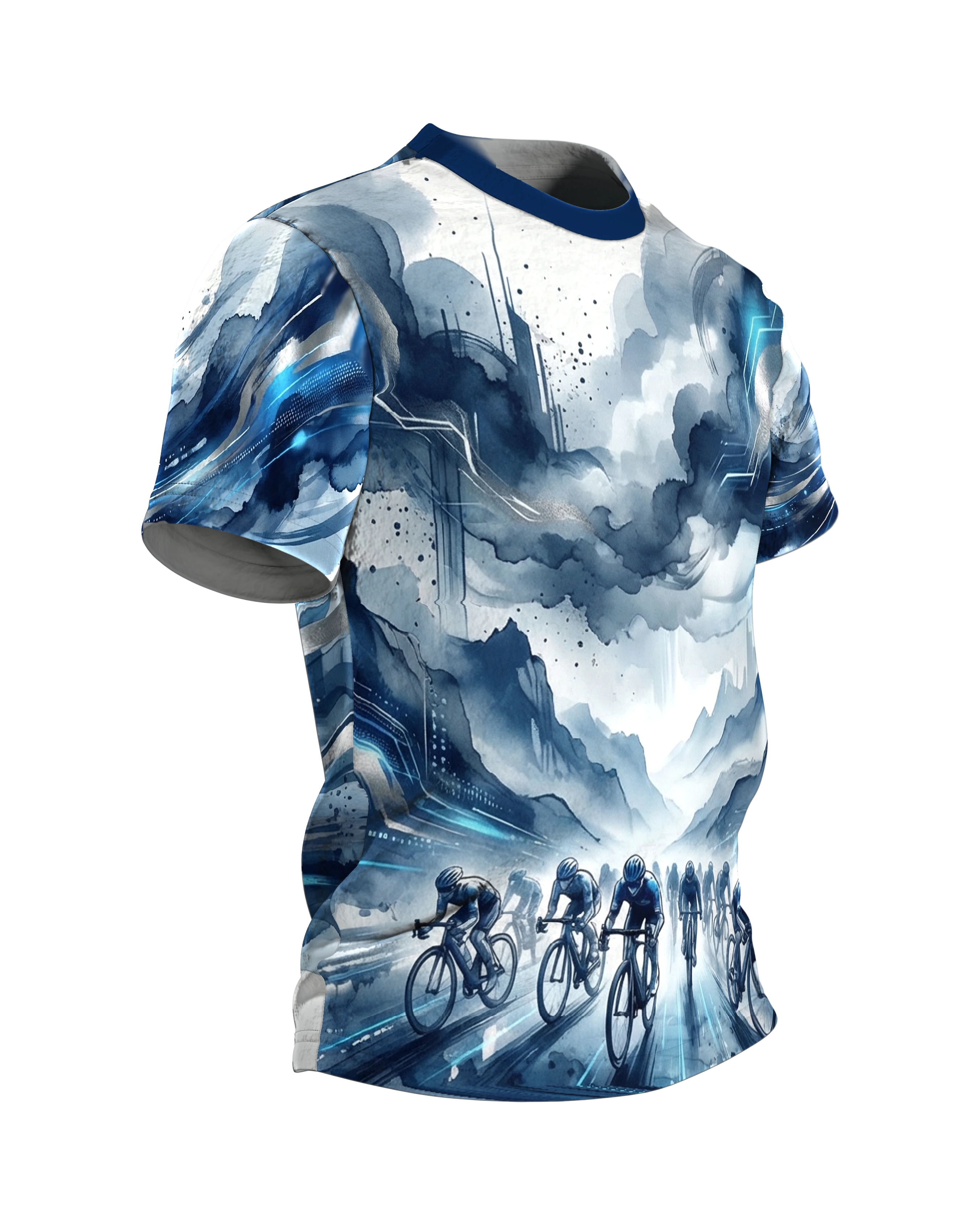 Futurismus Peloton T-Shirt: Rennrad-Feld im Aquarell-Sturm, Seitenansicht links