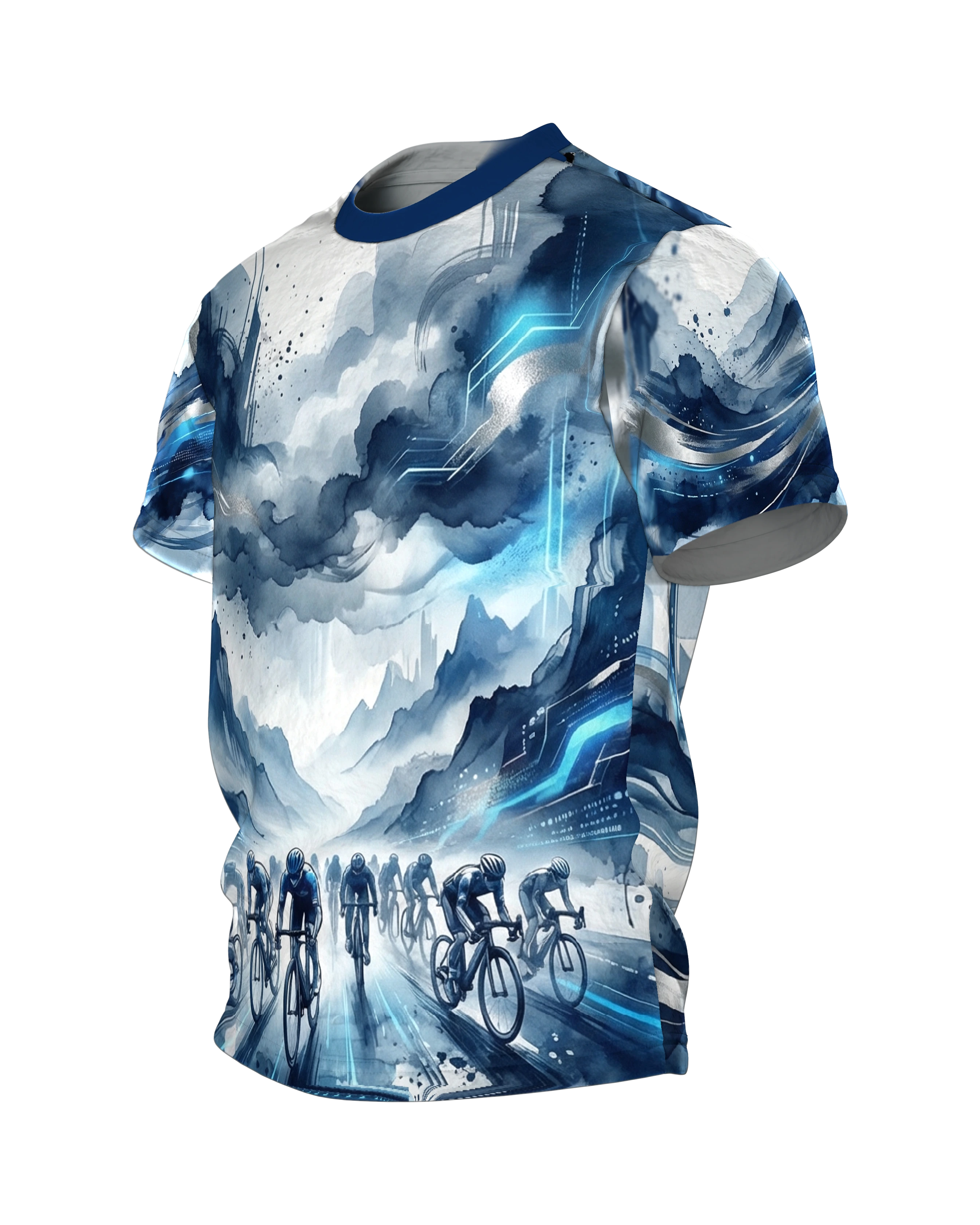 Futurismus Peloton T-Shirt: Rennrad-Feld im Aquarell-Sturm, Seitenansicht rechts