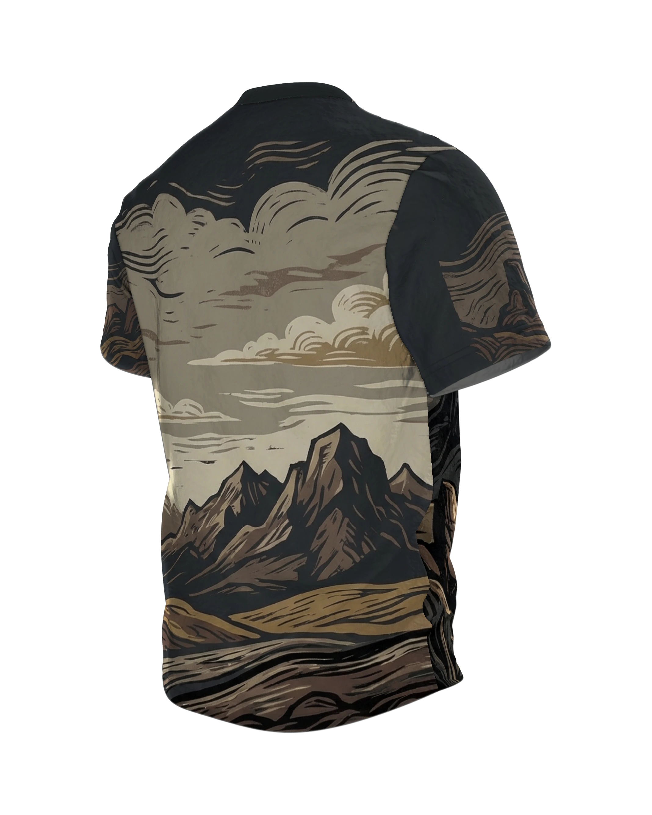 Holzschnitt Berge T-Shirt: Natur pur, Rückseite schräg links