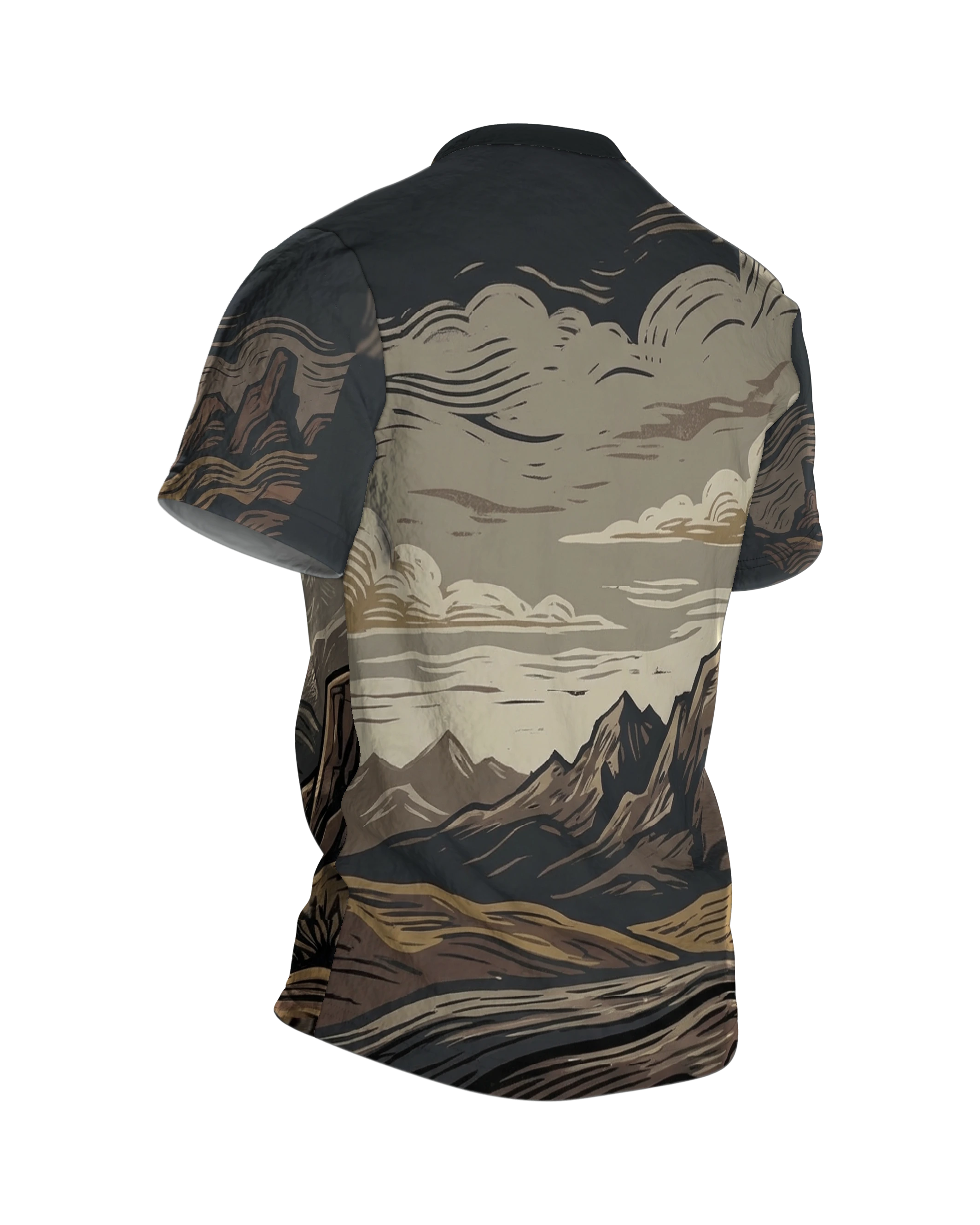 Holzschnitt Berge T-Shirt: Natur pur, Rückseite schräg rechts