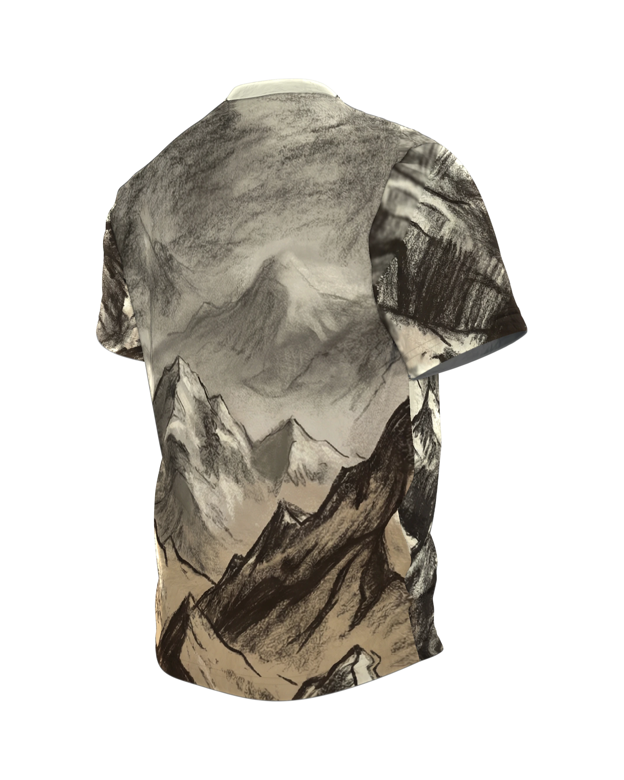 Kohlezeichnung Berge T-Shirt: Surrealer Gipfel, Rückseite schräg links