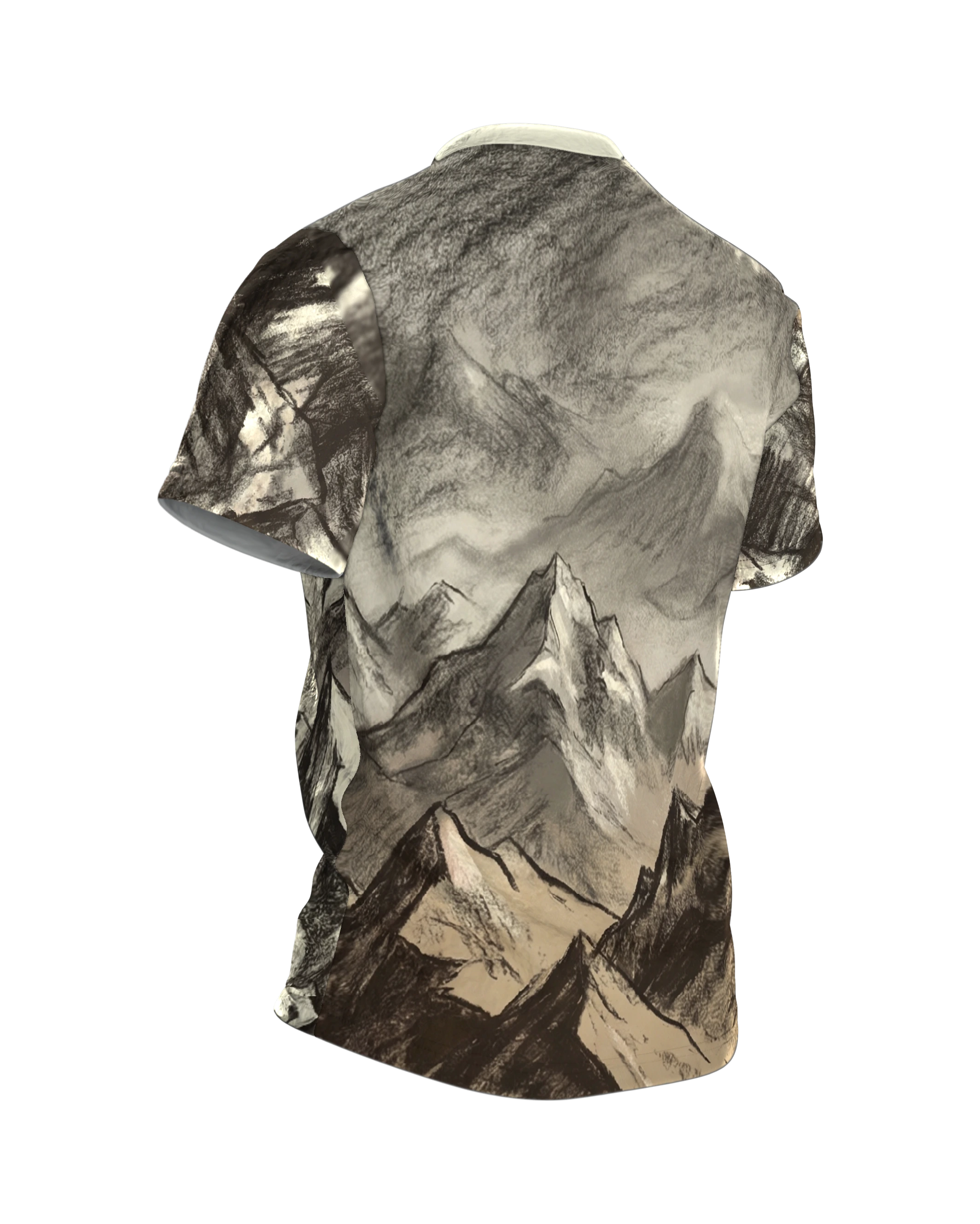 Kohlezeichnung Berge T-Shirt: Surrealer Gipfel, Rückseite schräg rechts