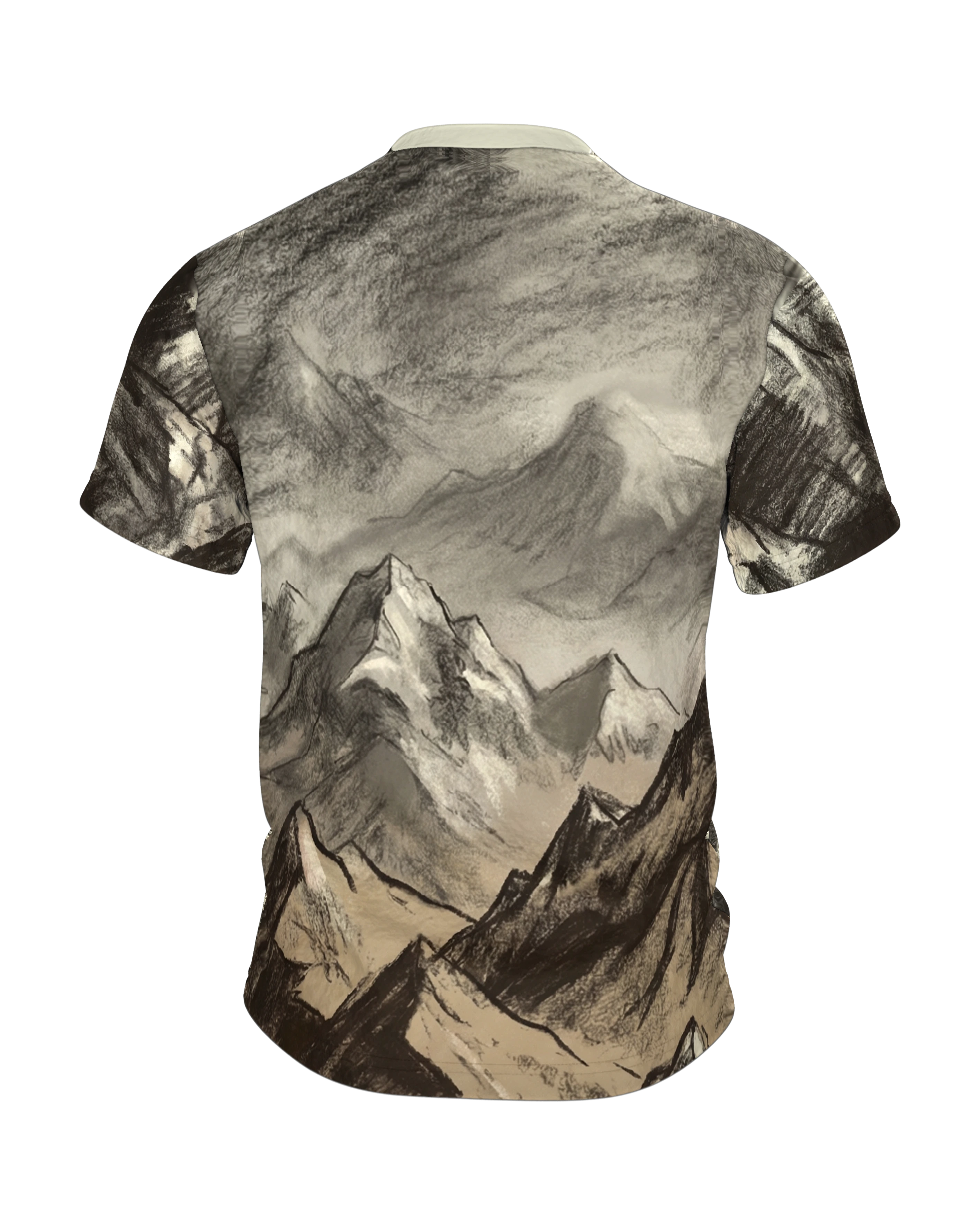 Kohlezeichnung Berge T-Shirt: Surrealer Gipfel, Rückseite