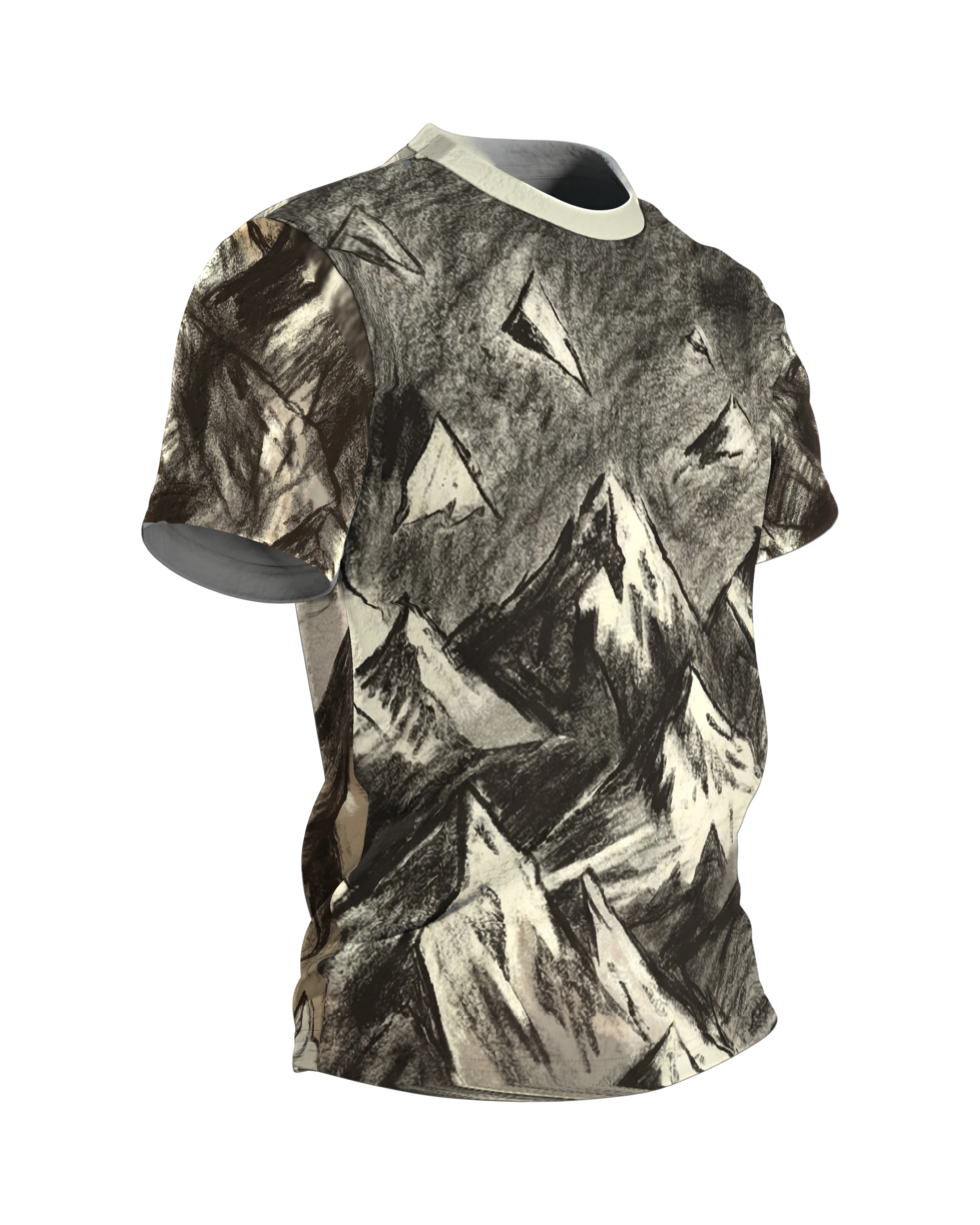 Kohlezeichnung Berge T-Shirt: Surrealer Gipfel, Seitenansicht links
