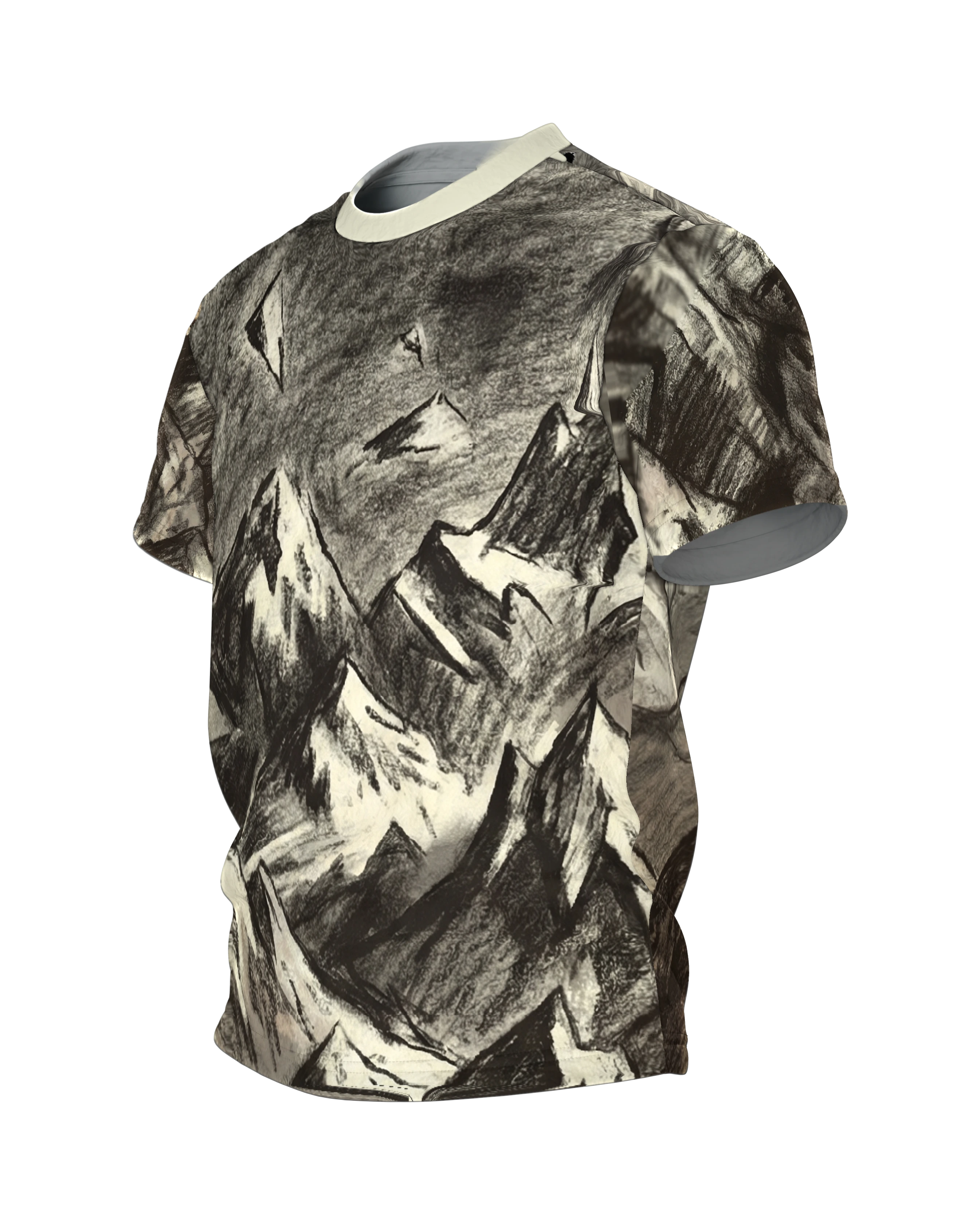 Kohlezeichnung Berge T-Shirt: Surrealer Gipfel, Seitenansicht rechts