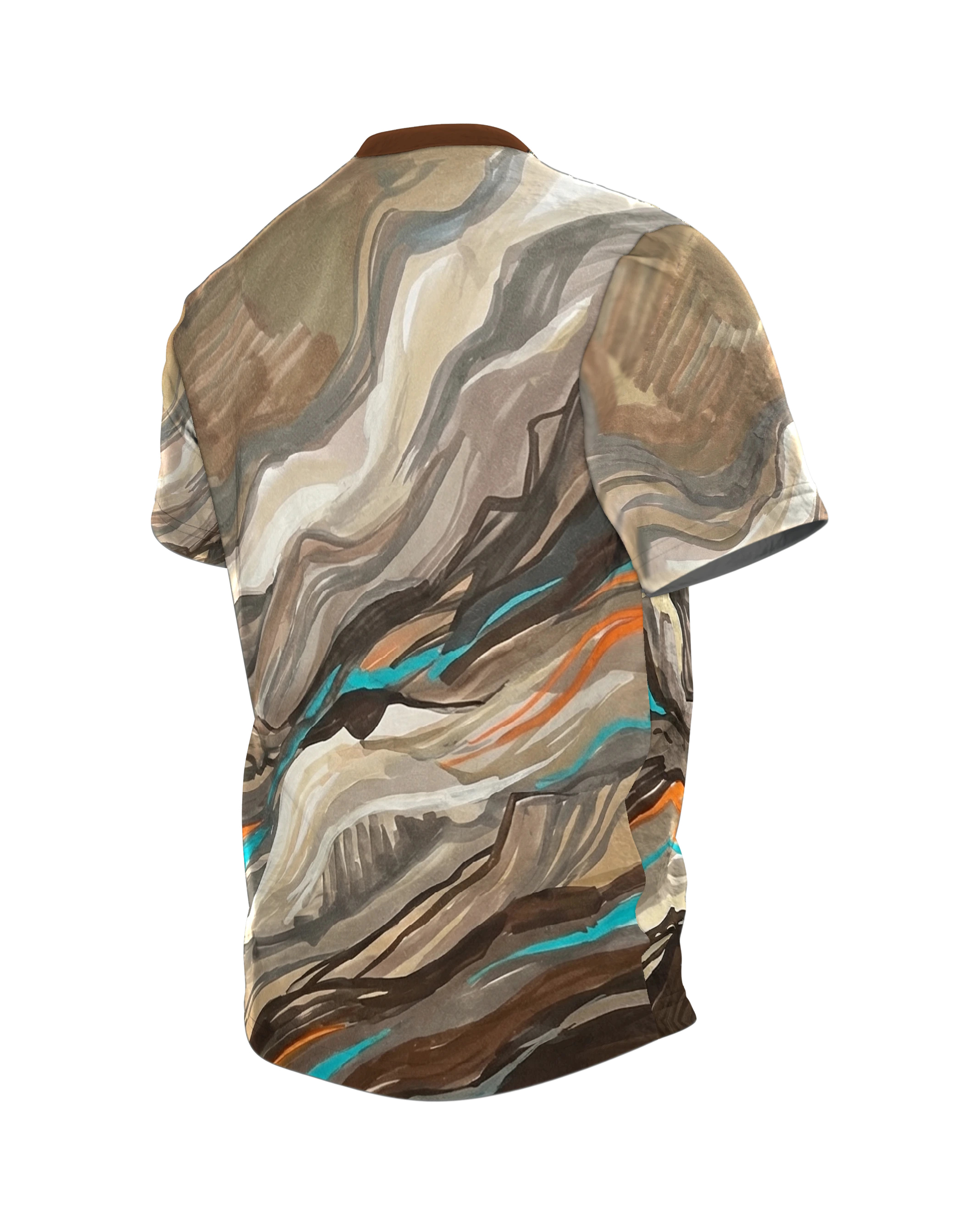 Fluid Earth Berge T-Shirt, Allover Flow-Painting in Türkis, Orange und Erdbraun, Rückseite schräg links