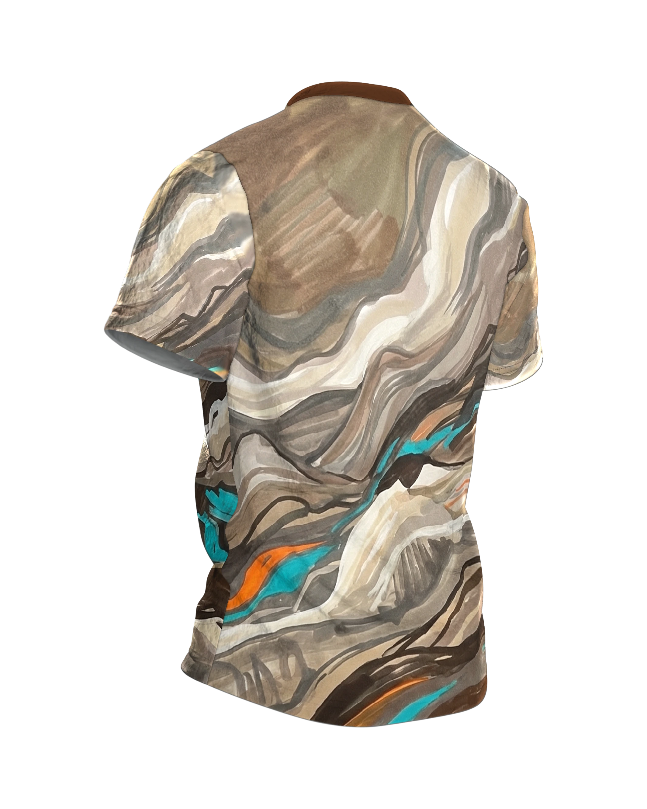 Fluid Earth Berge T-Shirt, Allover Flow-Painting in Türkis, Orange und Erdbraun, Rückseite schräg rechts