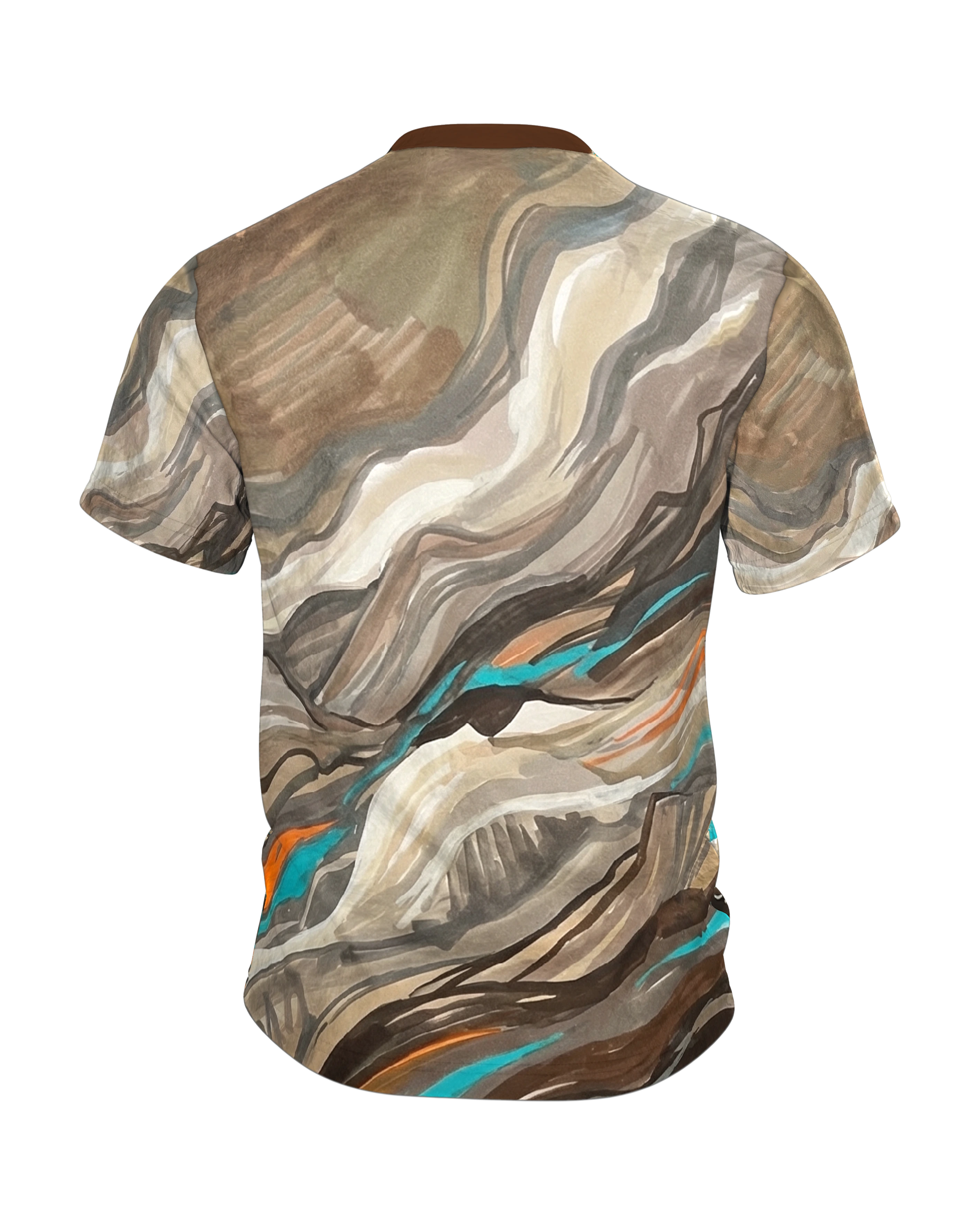 Fluid Earth Berge T-Shirt, Allover Flow-Painting in Türkis, Orange und Erdbraun, Rückseite