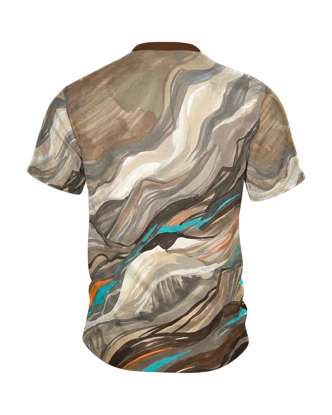 Fluid Earth Berge T-Shirt, Allover Flow-Painting in Türkis, Orange und Erdbraun, Rückseite