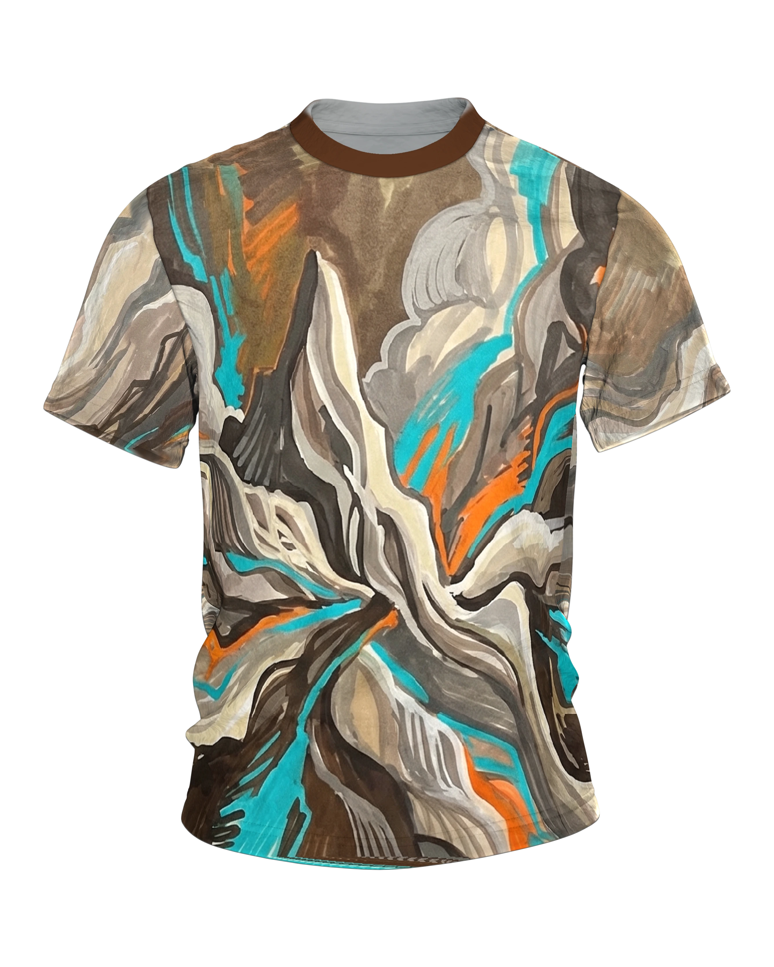 Fluid Earth Berge T-Shirt, Allover Flow-Painting in Türkis, Orange und Erdbraun