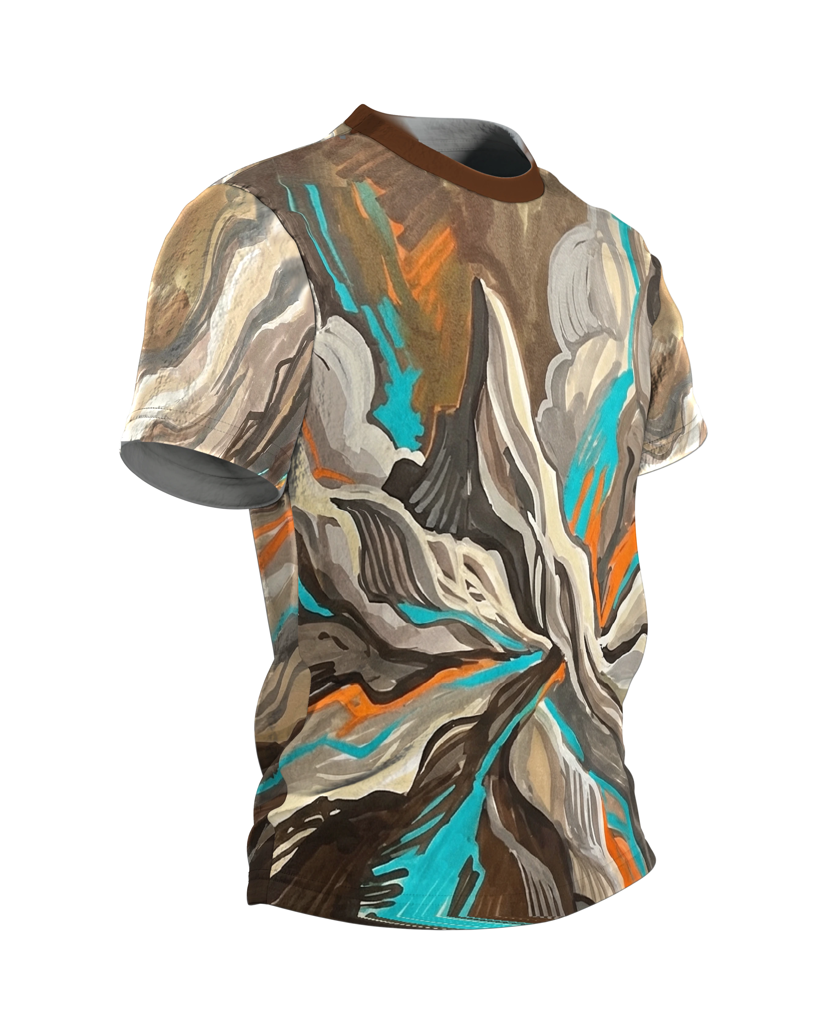 Fluid Earth Berge T-Shirt, Allover Flow-Painting in Türkis, Orange und Erdbraun, Seitenansicht links