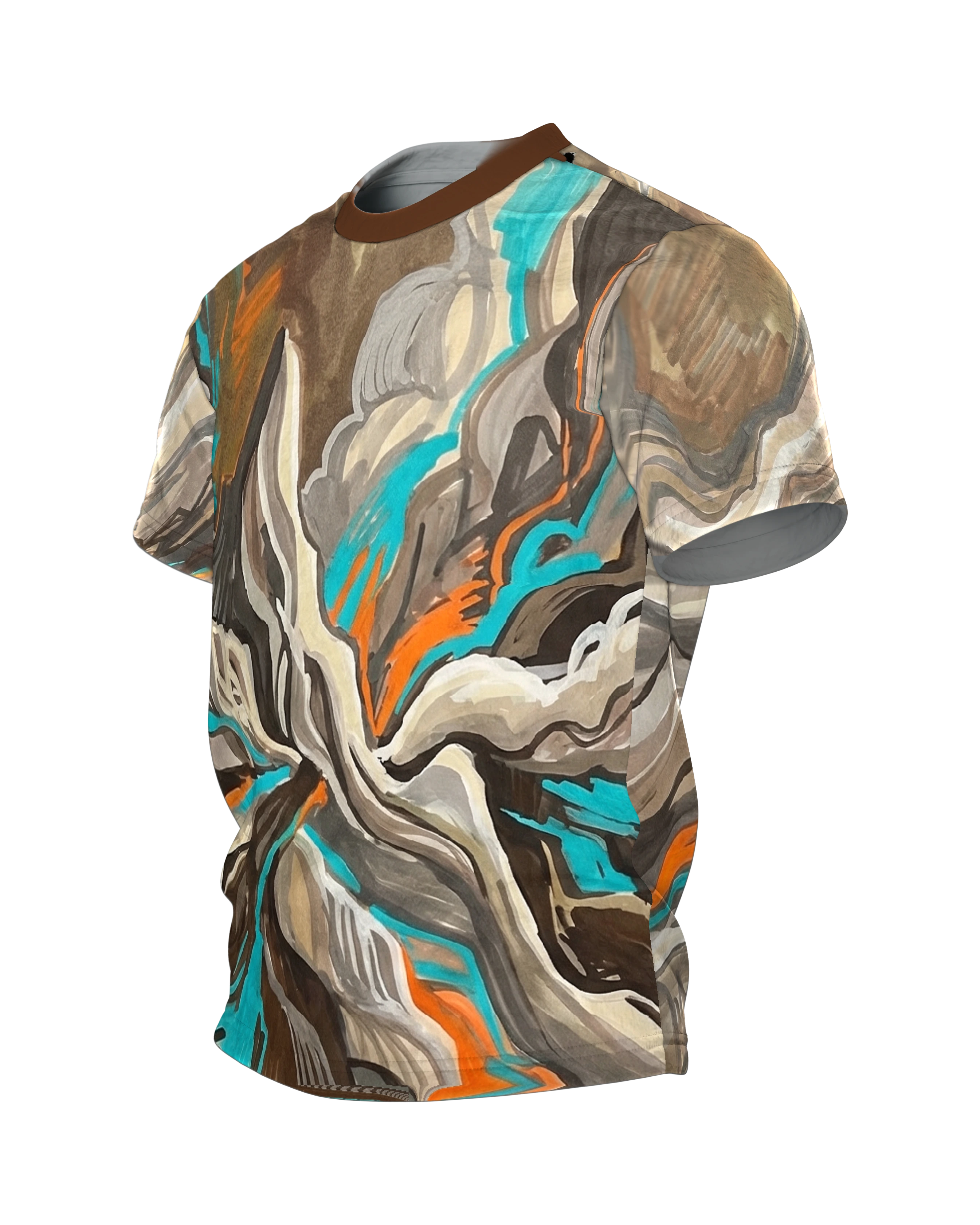 Fluid Earth Berge T-Shirt, Allover Flow-Painting in Türkis, Orange und Erdbraun, Seitenansicht rechts