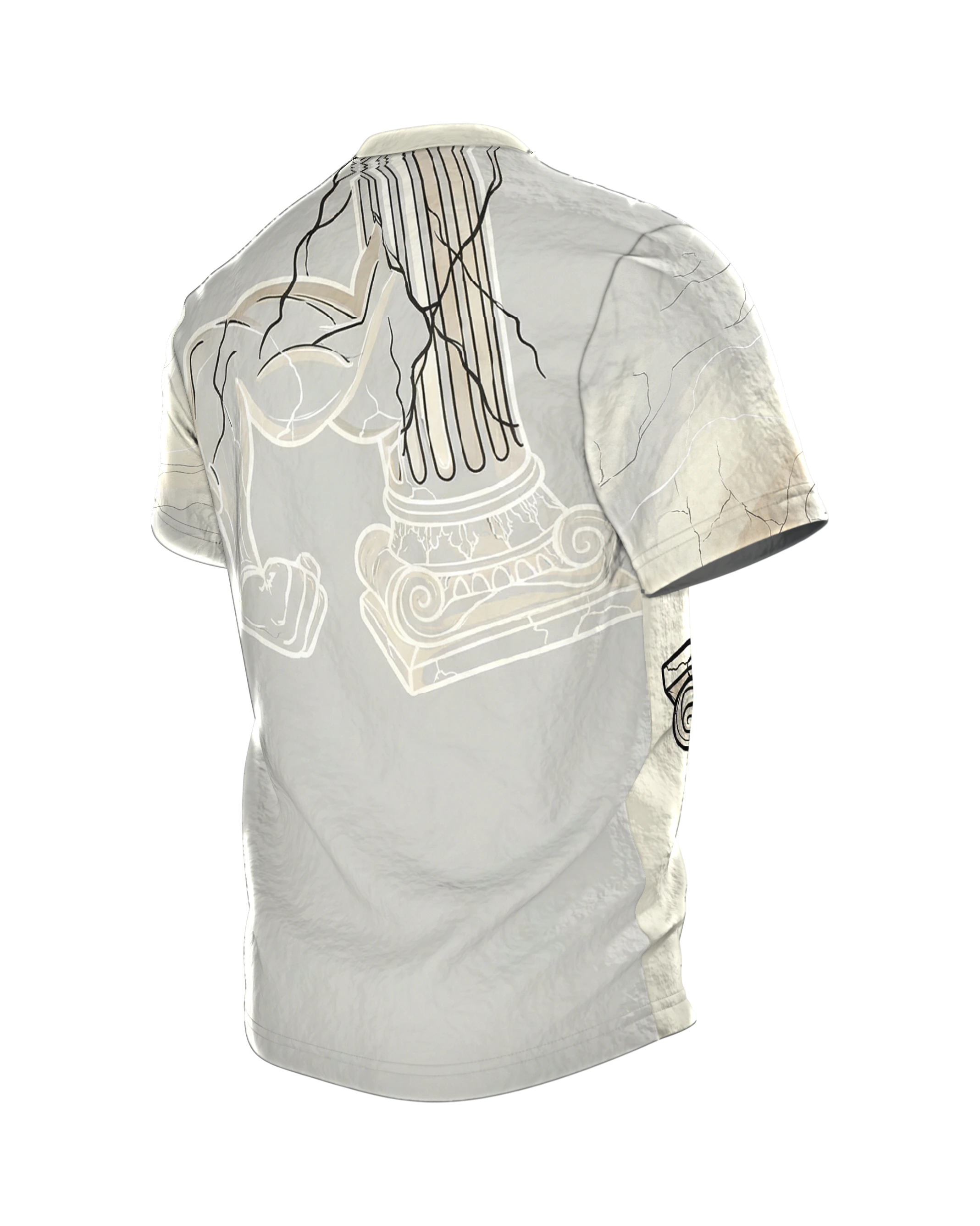 Antike Säule Bizeps T-Shirt: Marmor-Arm im Comic-Stil, Rückseite schräg links