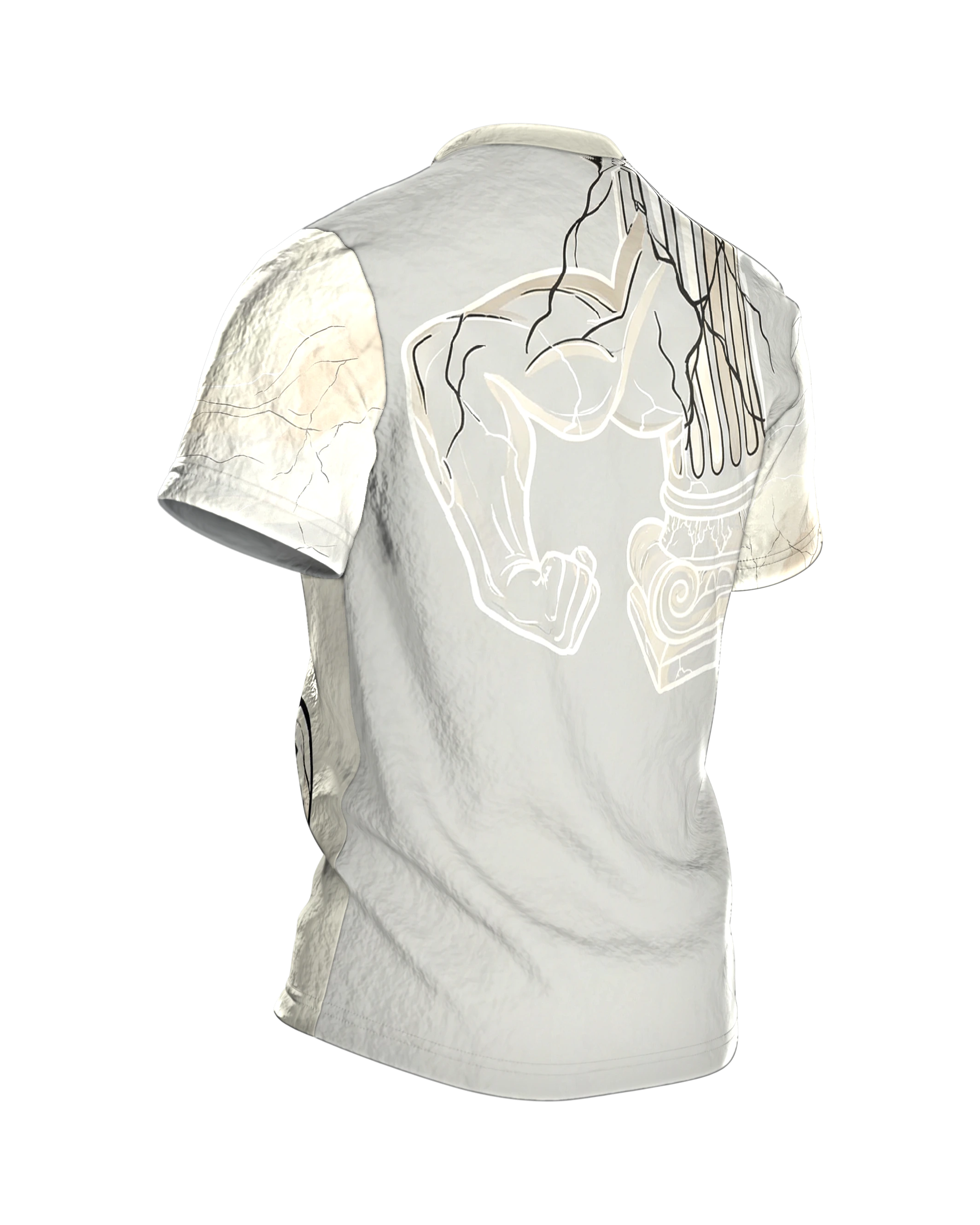 Antike Säule Bizeps T-Shirt: Marmor-Arm im Comic-Stil, Rückseite schräg rechts