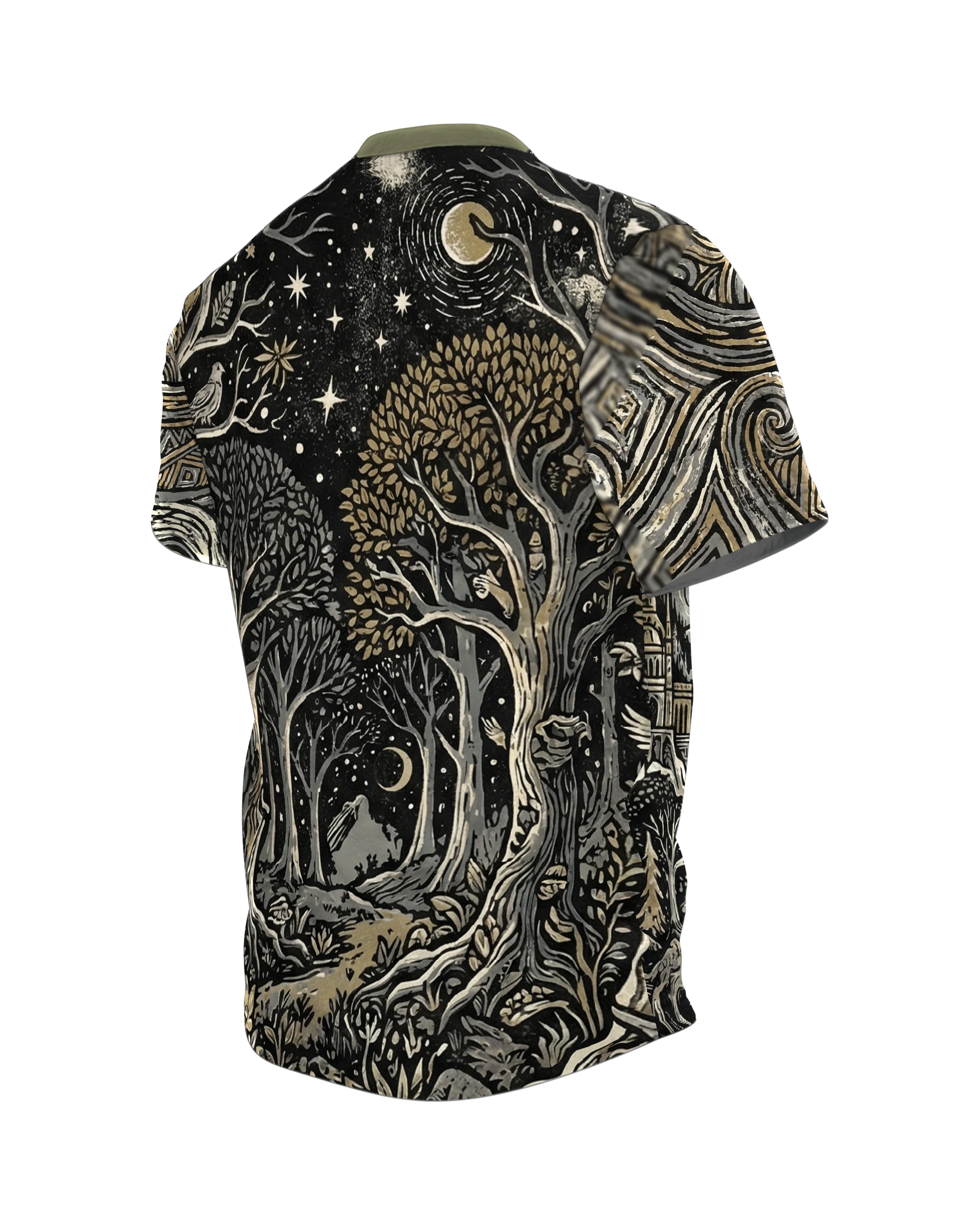 Fantasy Landschaft T-Shirt, Linolschnitt-Panorama mit Bergen und Stadt, Zauberwald am Rücken, Rückseite schräg links