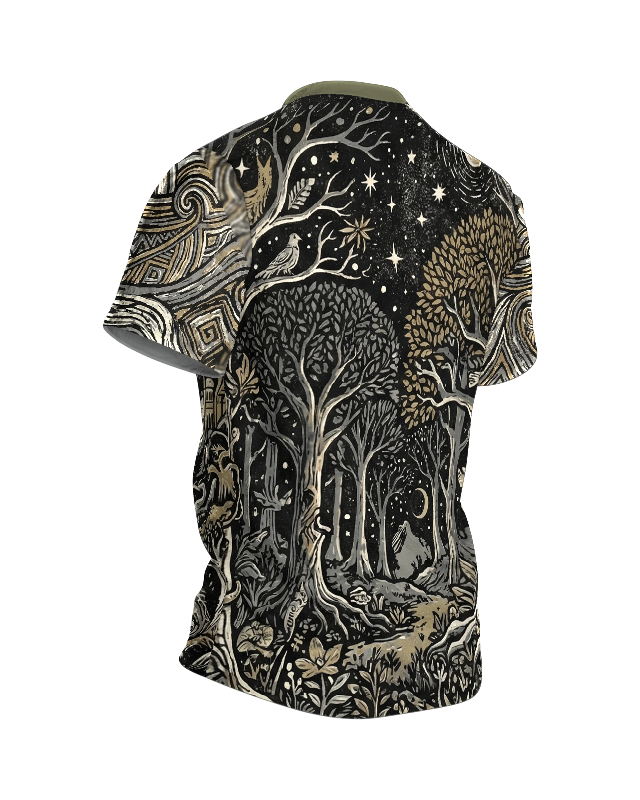 Fantasy Landschaft T-Shirt, Linolschnitt-Panorama mit Bergen und Stadt, Zauberwald am Rücken, Rückseite schräg rechts