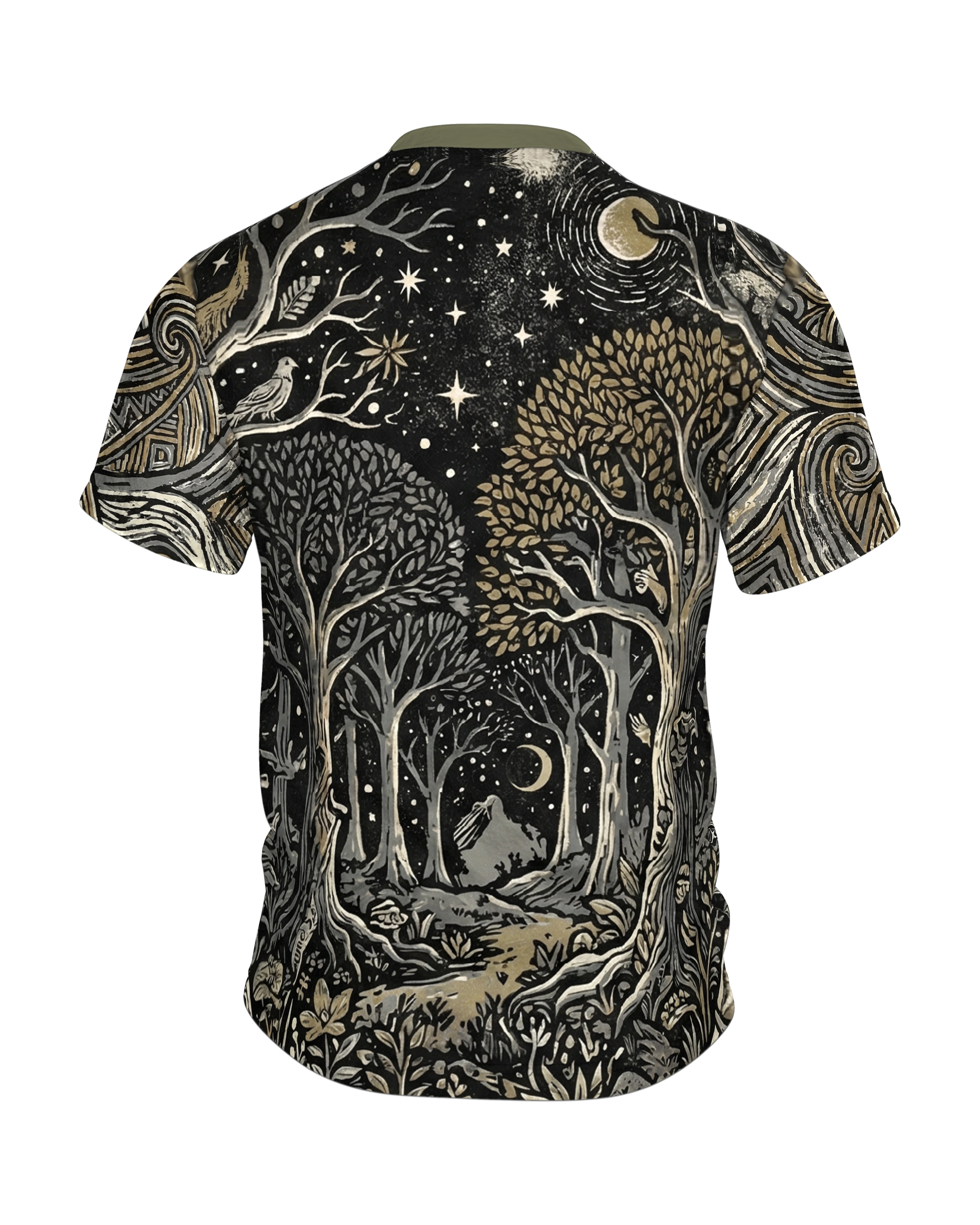 Fantasy Landschaft T-Shirt, Linolschnitt-Panorama mit Bergen und Stadt, Zauberwald am Rücken, Rückseite