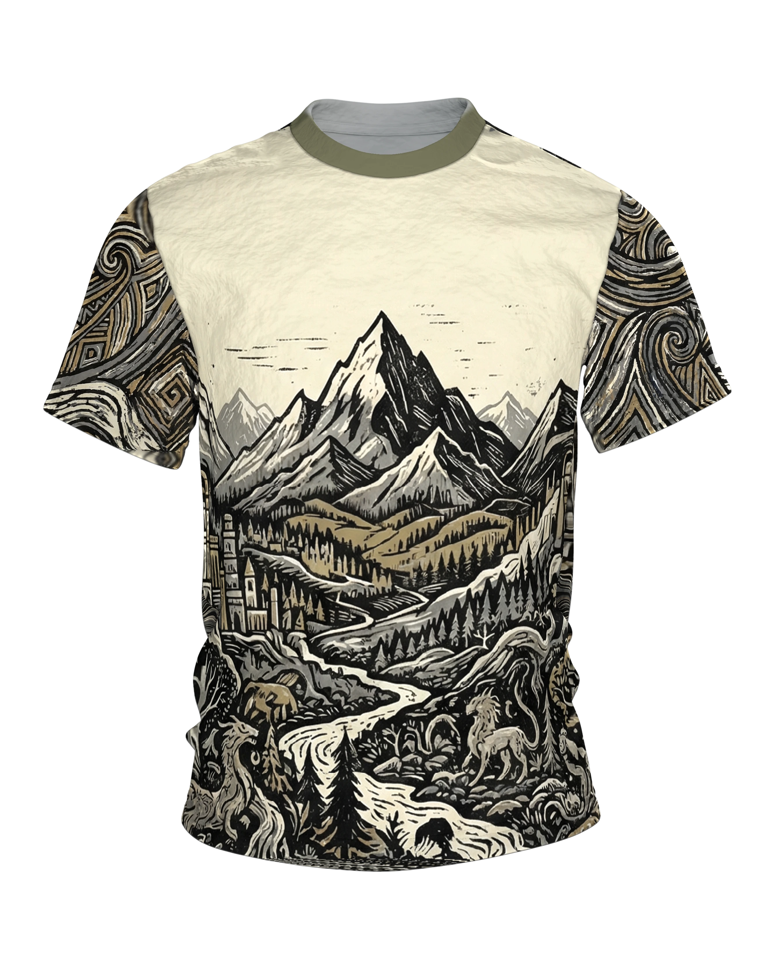 Fantasy Landschaft T-Shirt, Linolschnitt-Panorama mit Bergen und Stadt, Zauberwald am Rücken