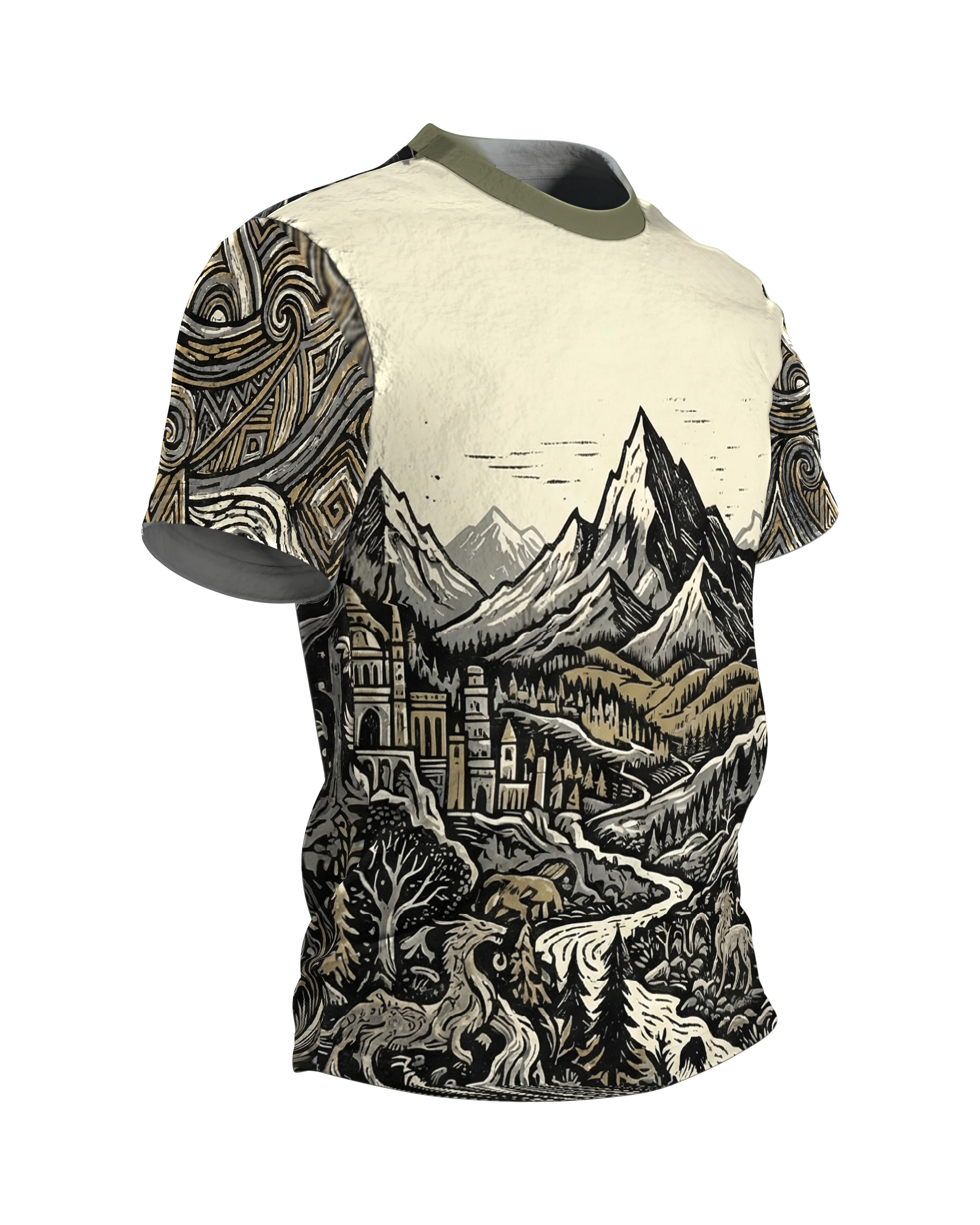 Fantasy Landschaft T-Shirt, Linolschnitt-Panorama mit Bergen und Stadt, Zauberwald am Rücken, Seitenansicht links